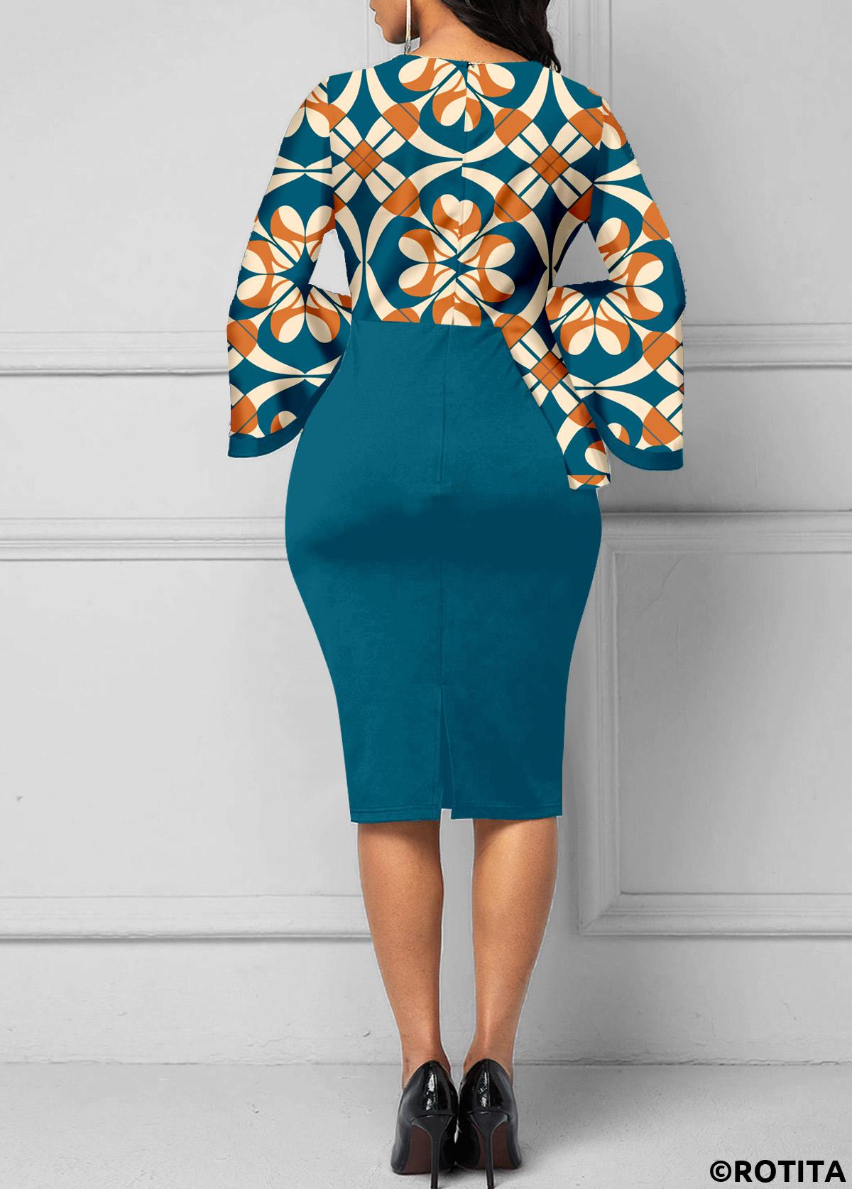 Peacock Blue dresses,Tribal dresses,Geometric dresses,Striped dresses,Party dresses,Elegant dresses,ROTITA Patchwork Tribal Print Peacock Blue Round Neck Bodycon Dress
