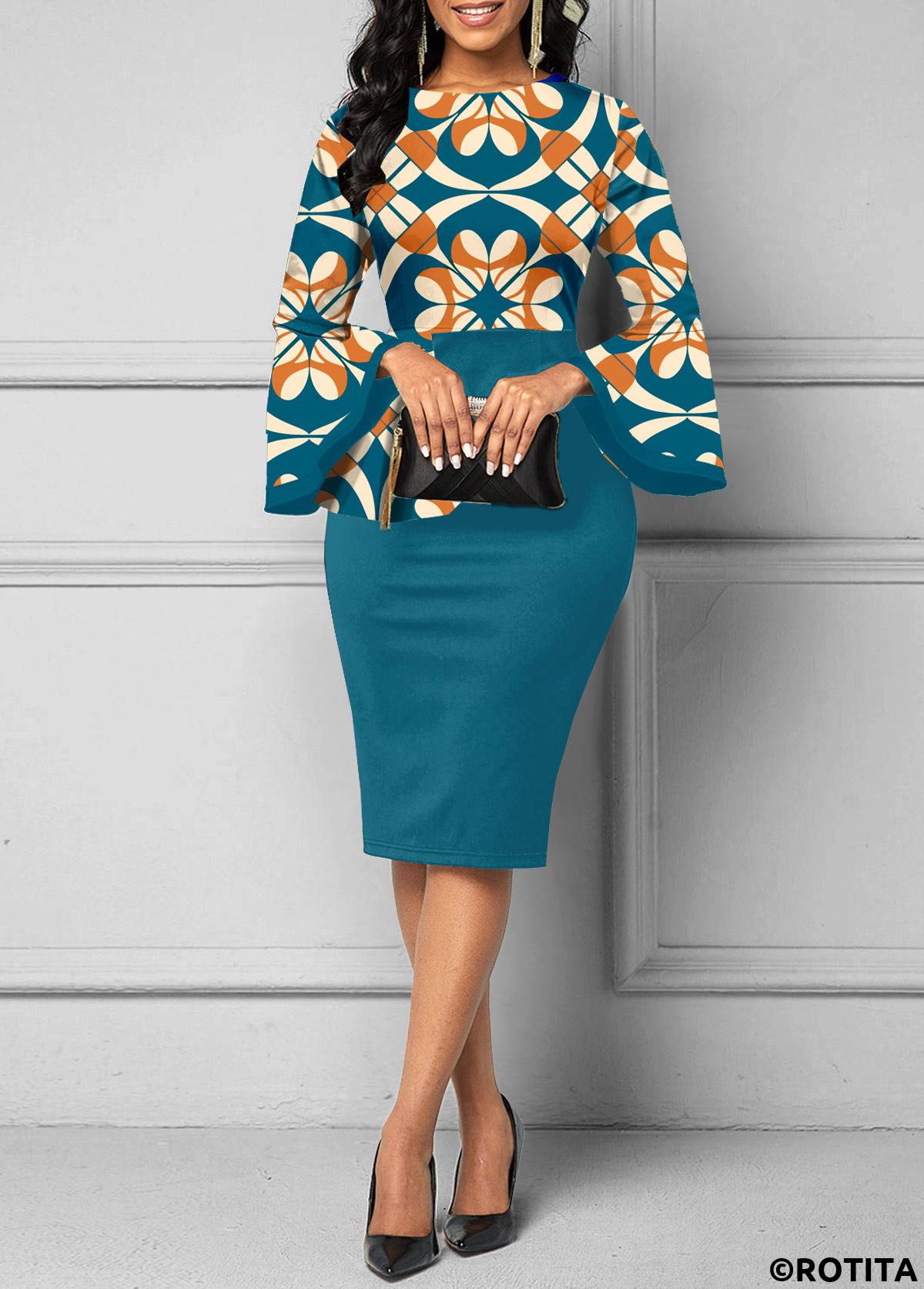 Peacock Blue dresses,Tribal dresses,Geometric dresses,Striped dresses,Party dresses,Elegant dresses,ROTITA Patchwork Tribal Print Peacock Blue Round Neck Bodycon Dress