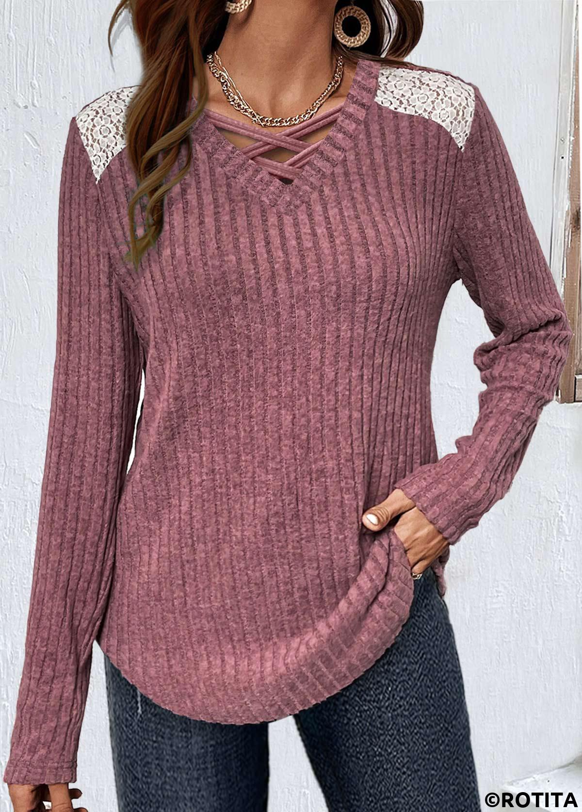 Dark Reddish Purple tops,Plain Color tops,ROTITA Lace Dark Reddish Purple Round Neck T Shirt