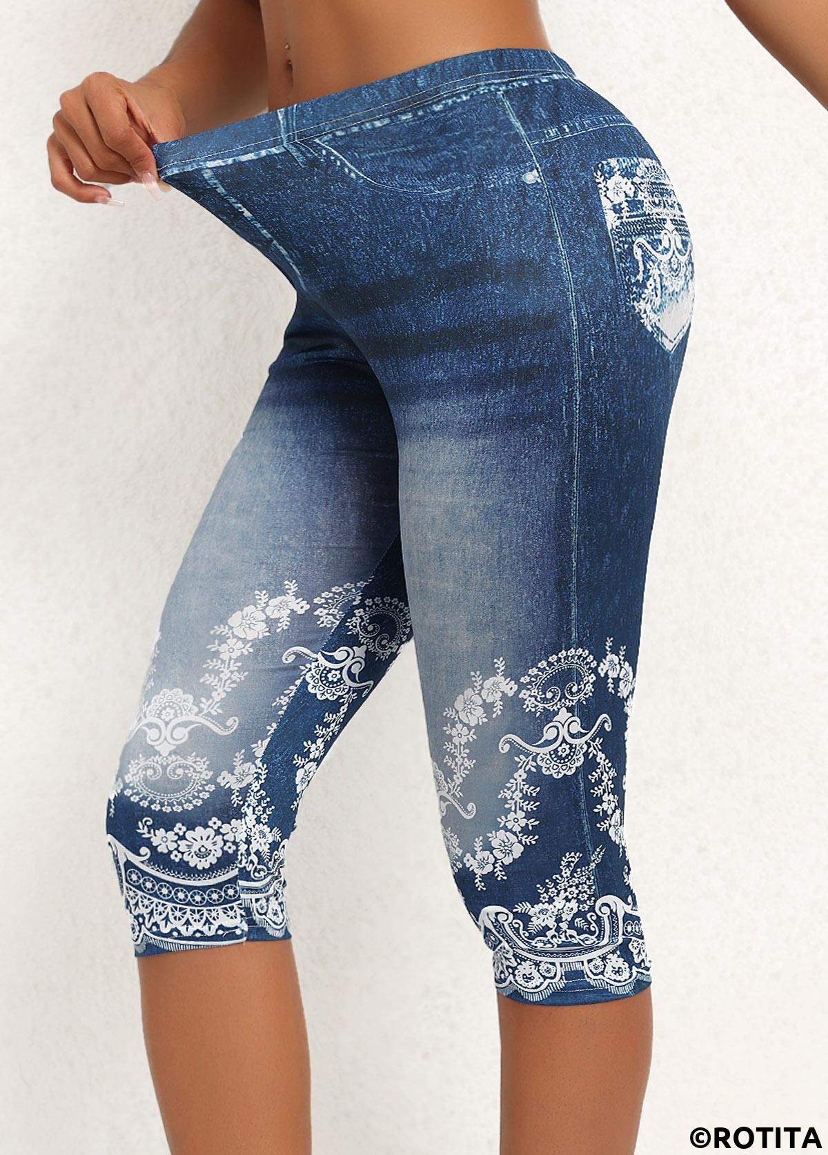 Denim Blue bottoms,Floral bottoms,Plants bottoms,ROTITA Floral Print Denim Blue Skinny Elastic Waist Pants