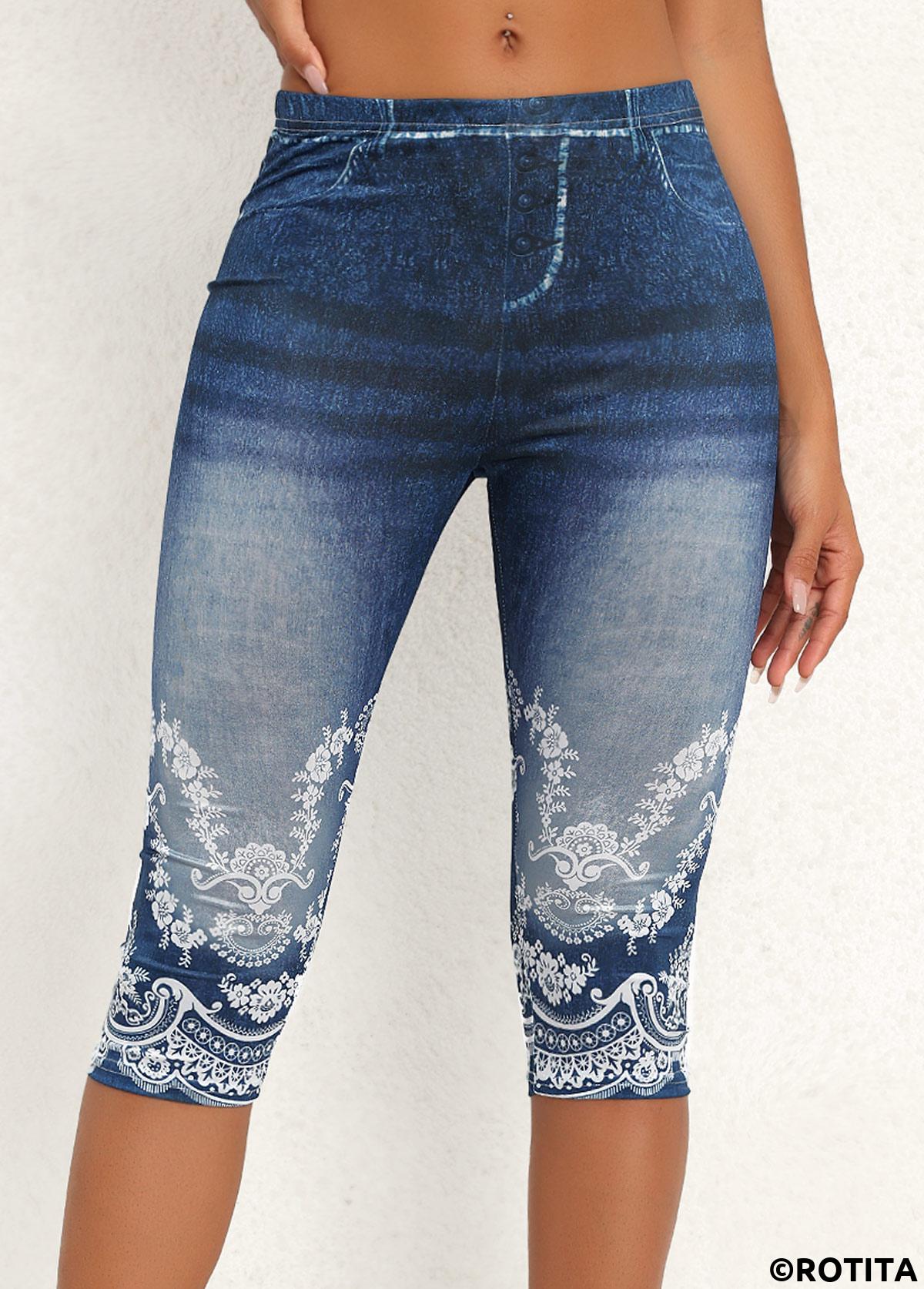 Denim Blue bottoms,Floral bottoms,Plants bottoms,ROTITA Floral Print Denim Blue Skinny Elastic Waist Pants
