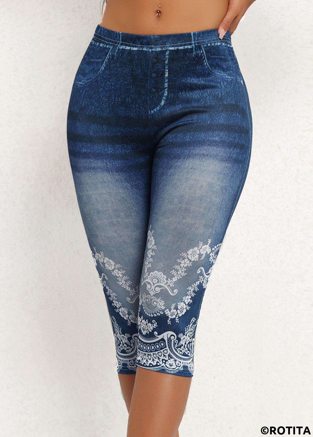 Denim Blue bottoms,Floral bottoms,Plants bottoms,ROTITA Floral Print Denim Blue Skinny Elastic Waist Pants