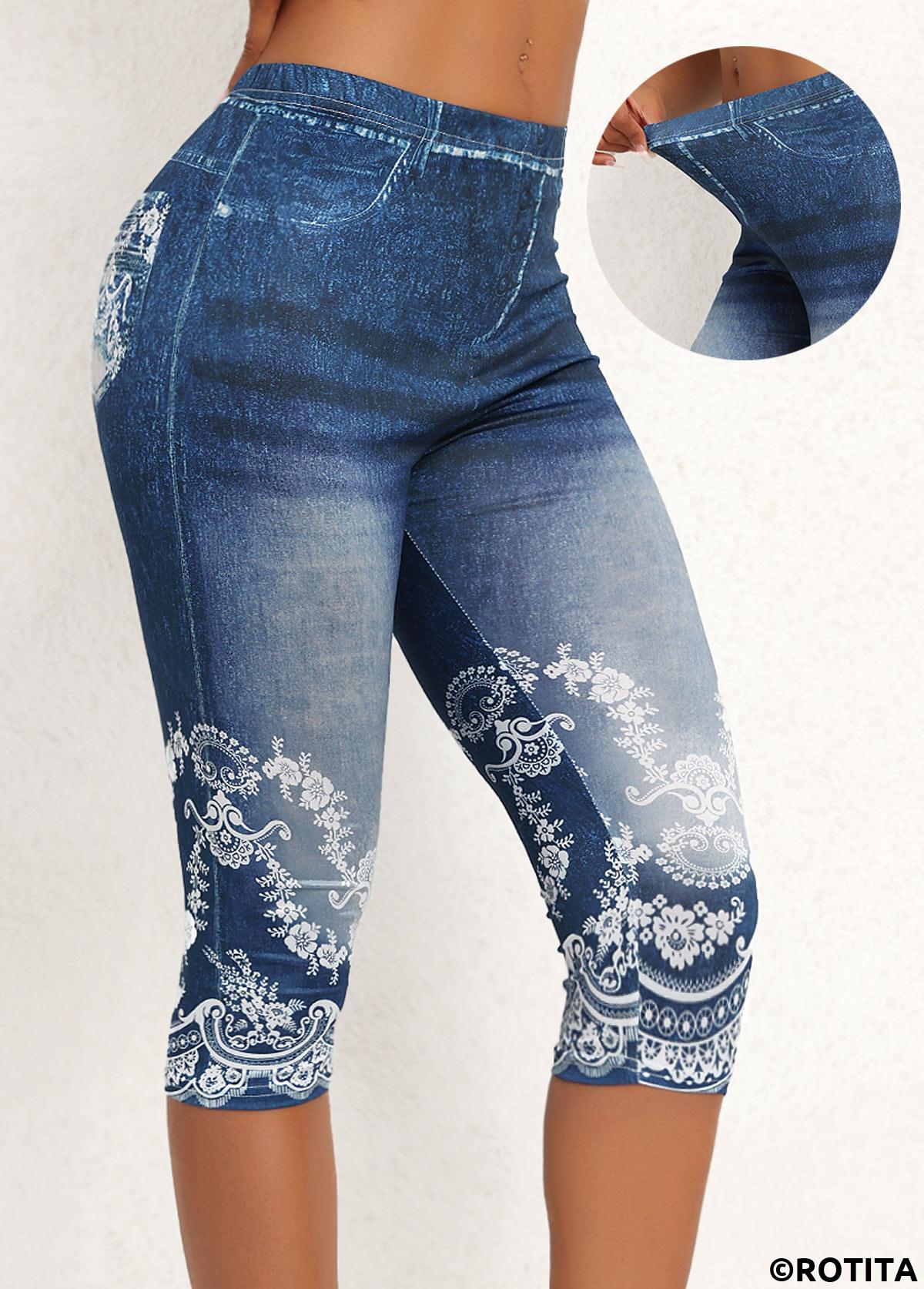 Denim Blue bottoms,Floral bottoms,Plants bottoms,ROTITA Floral Print Denim Blue Skinny Elastic Waist Pants