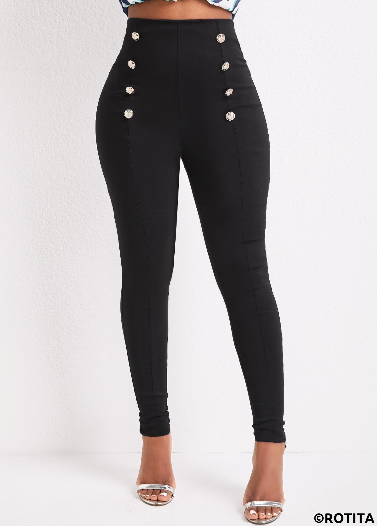 Black bottoms,Plain Color bottoms,ROTITA Button Black Skinny Elastic Waist High Waisted Pants