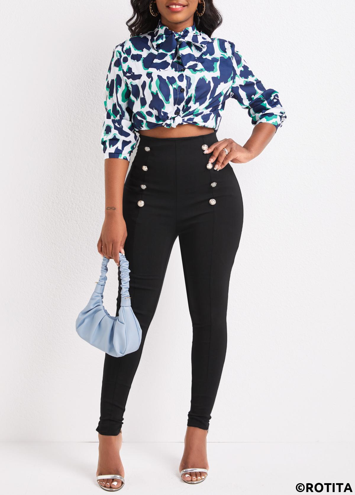 Black bottoms,Plain Color bottoms,ROTITA Button Black Skinny Elastic Waist High Waisted Pants