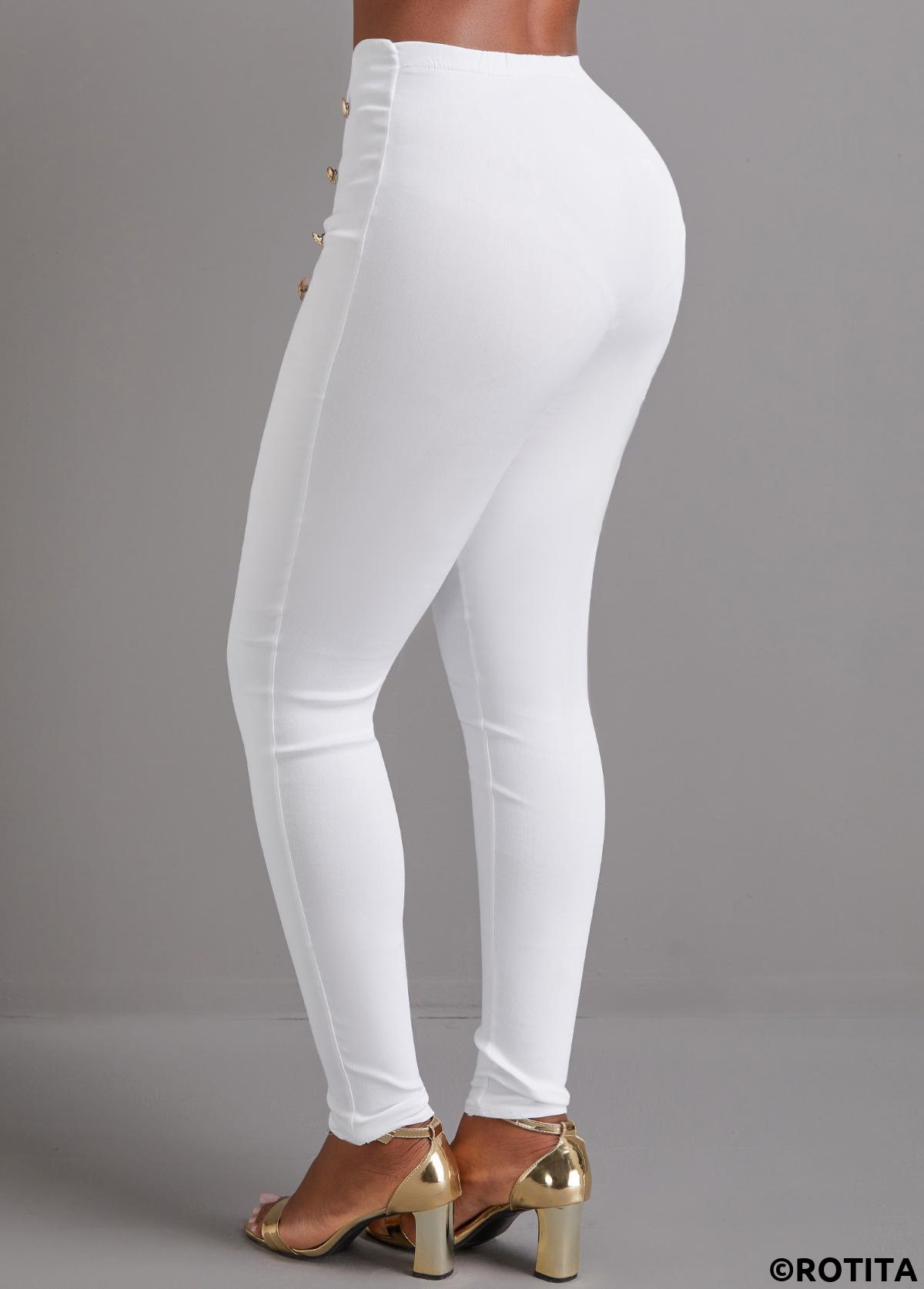 ROTITA Button White Skinny Elastic Waist High Waisted Pants
