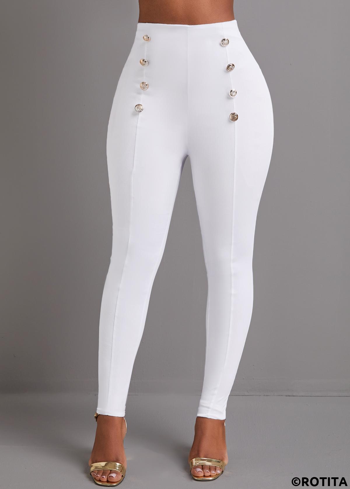 ROTITA Button White Skinny Elastic Waist High Waisted Pants