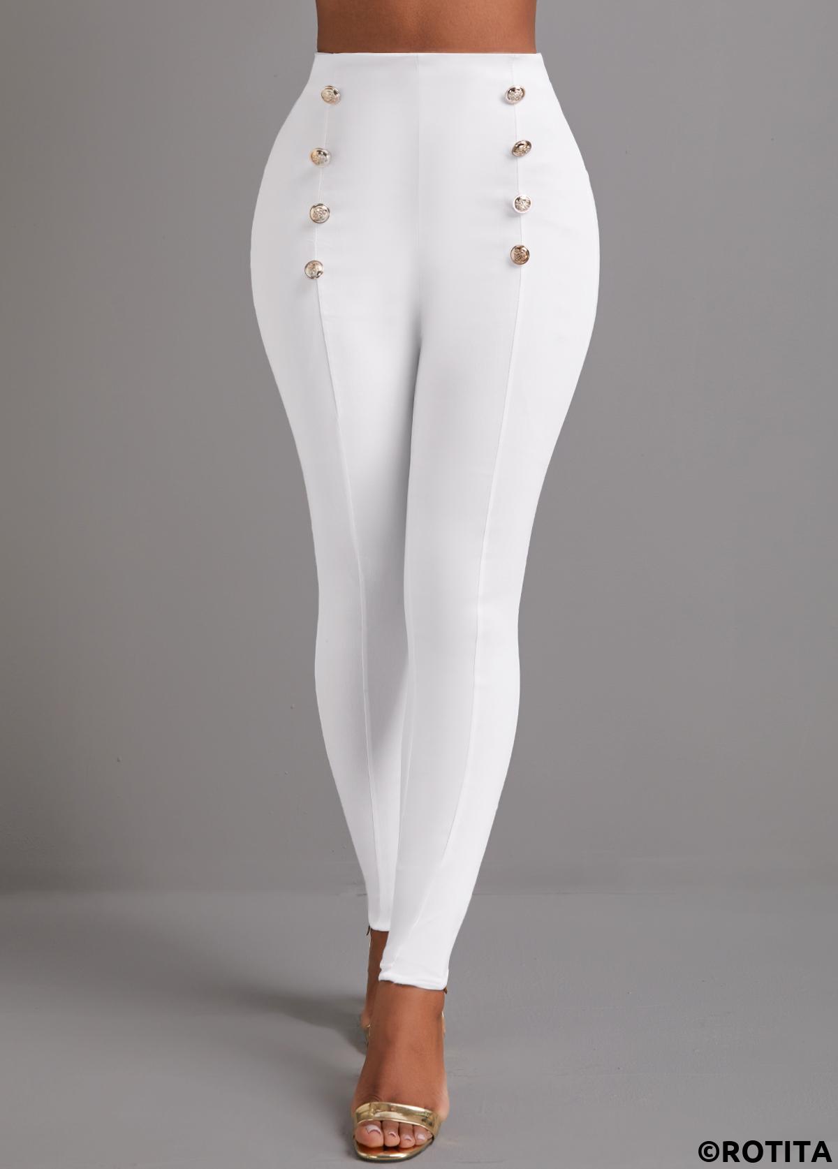 ROTITA Button White Skinny Elastic Waist High Waisted Pants