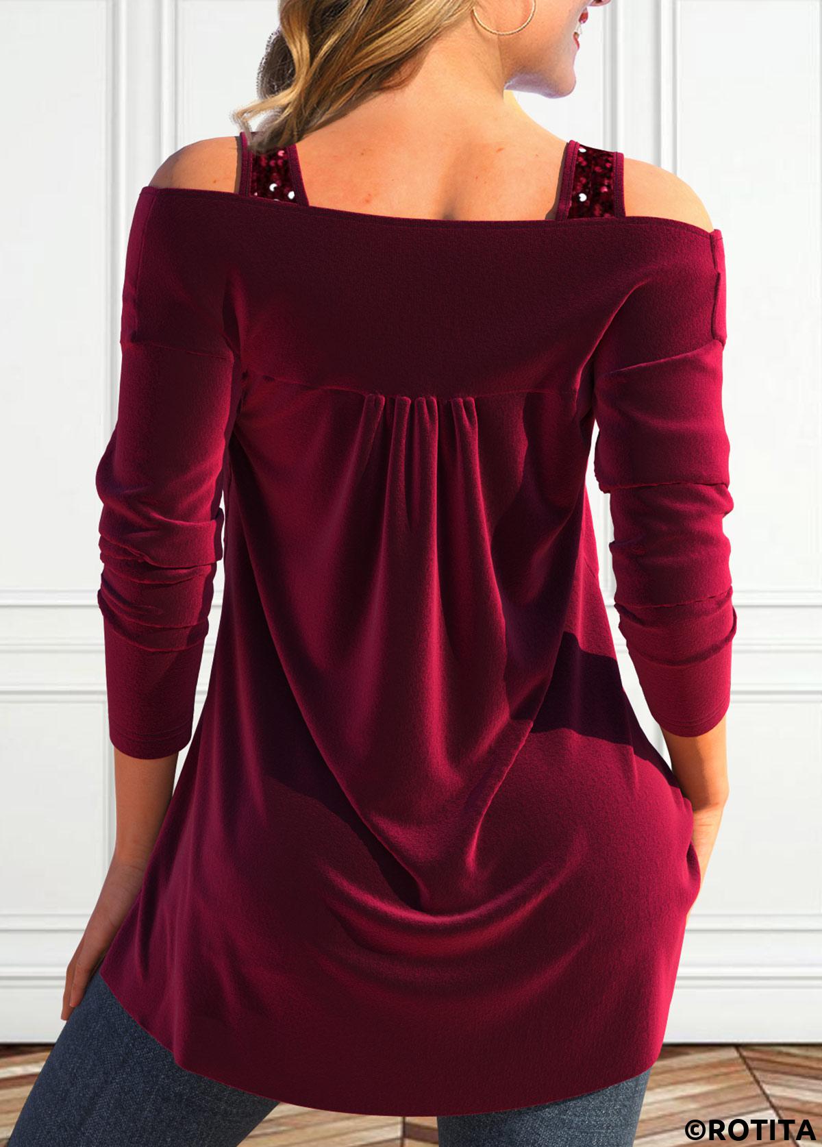 Wine Red tops,Plain Color tops,ROTITA Sequin Wine Red V Neck Long Sleeve T Shirt