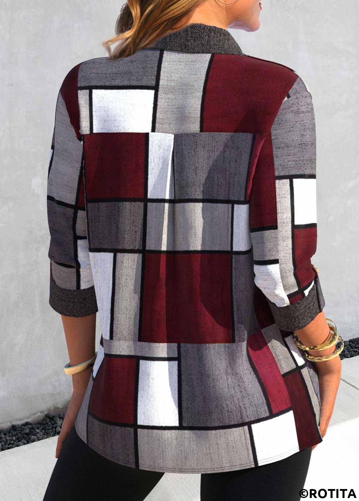 Dark Grey tops,Wine Red tops,Geometric tops,ROTITA Button Geometric Print Dark Grey Shirt Collar Blouse
