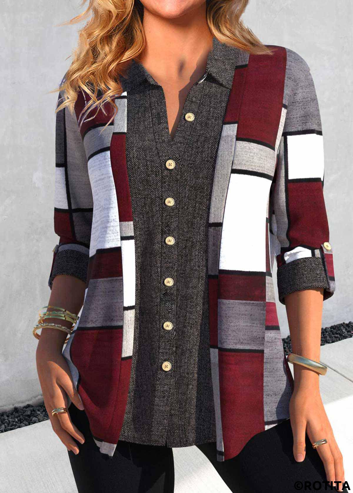 Dark Grey tops,Wine Red tops,Geometric tops,ROTITA Button Geometric Print Dark Grey Shirt Collar Blouse