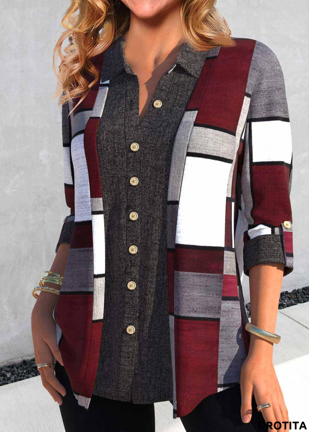Dark Grey tops,Wine Red tops,Geometric tops,ROTITA Button Geometric Print Dark Grey Shirt Collar Blouse
