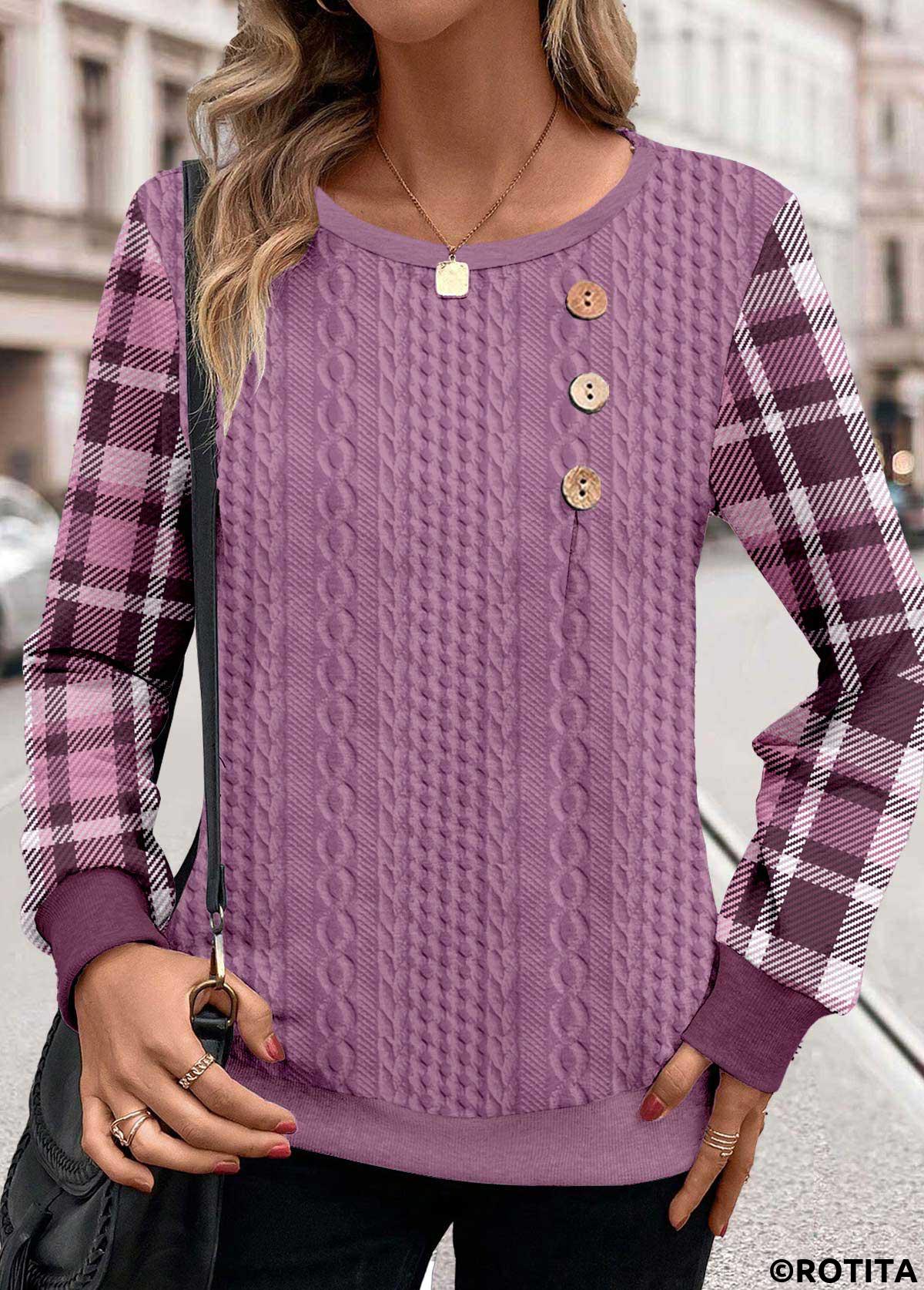 Purple tops,Plaid tops,Striped tops,Geometric tops,ROTITA Patchwork Plaid Purple Round Neck Long Sleeve Sweatshirt