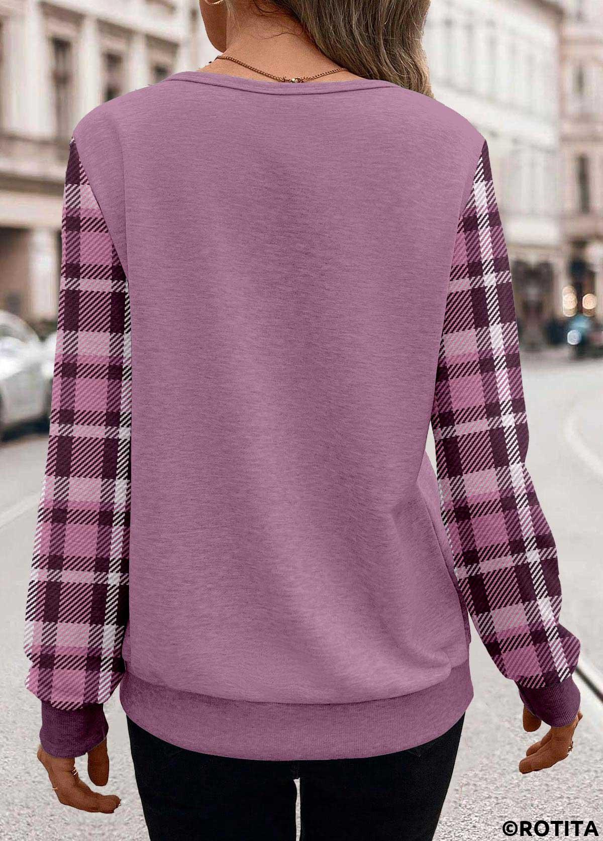 Purple tops,Plaid tops,Striped tops,Geometric tops,ROTITA Patchwork Plaid Purple Round Neck Long Sleeve Sweatshirt