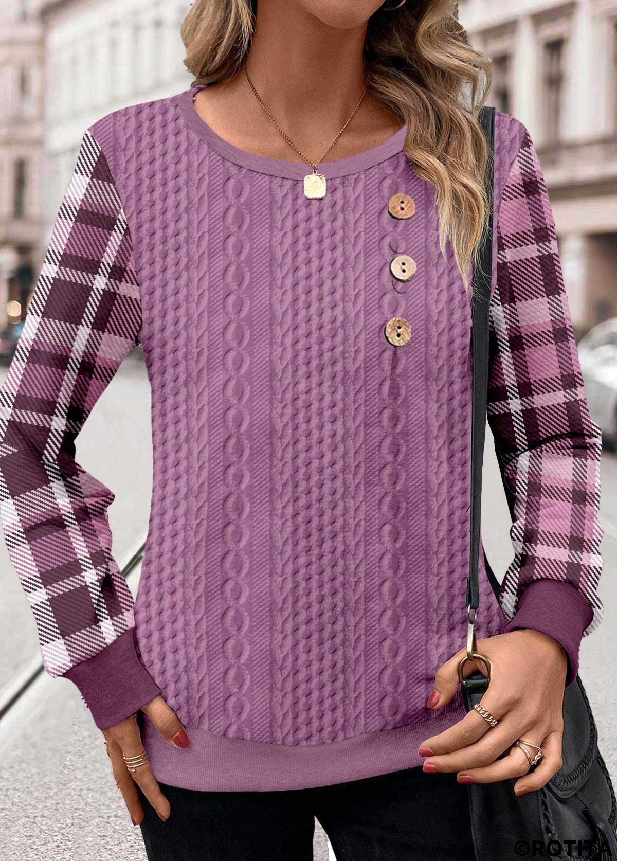 Purple tops,Plaid tops,Striped tops,Geometric tops,ROTITA Patchwork Plaid Purple Round Neck Long Sleeve Sweatshirt