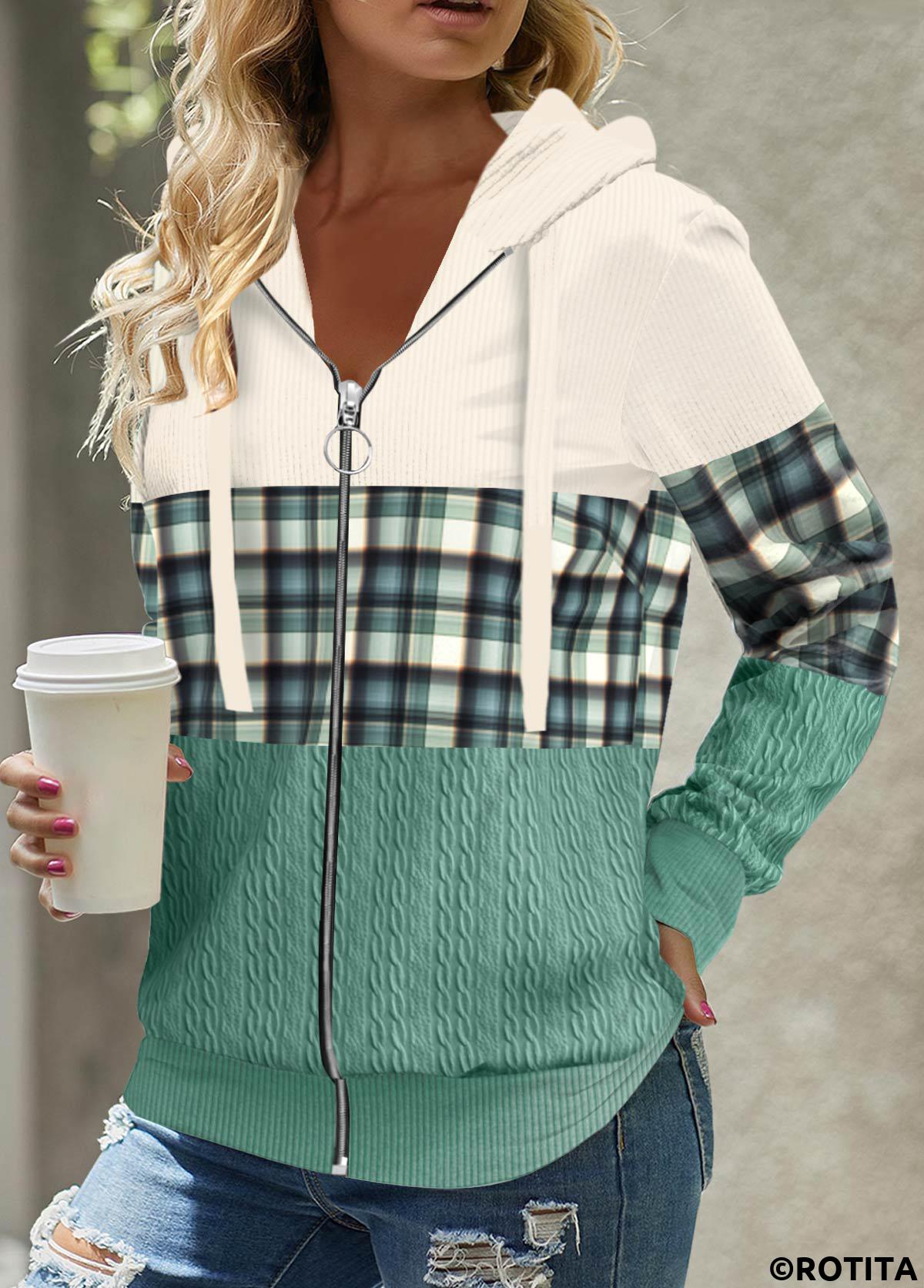 Green tops,Plaid tops,Striped tops,ROTITA Patchwork Plaid Green Long Sleeve Hoodie