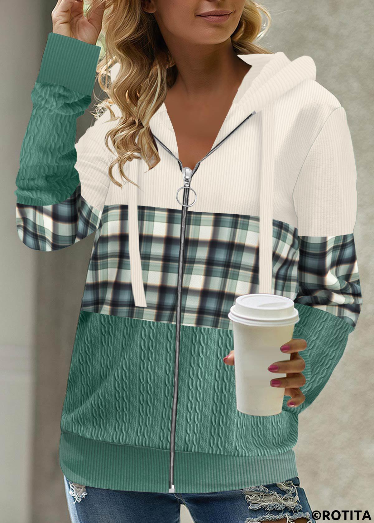Green tops,Plaid tops,Striped tops,ROTITA Patchwork Plaid Green Long Sleeve Hoodie