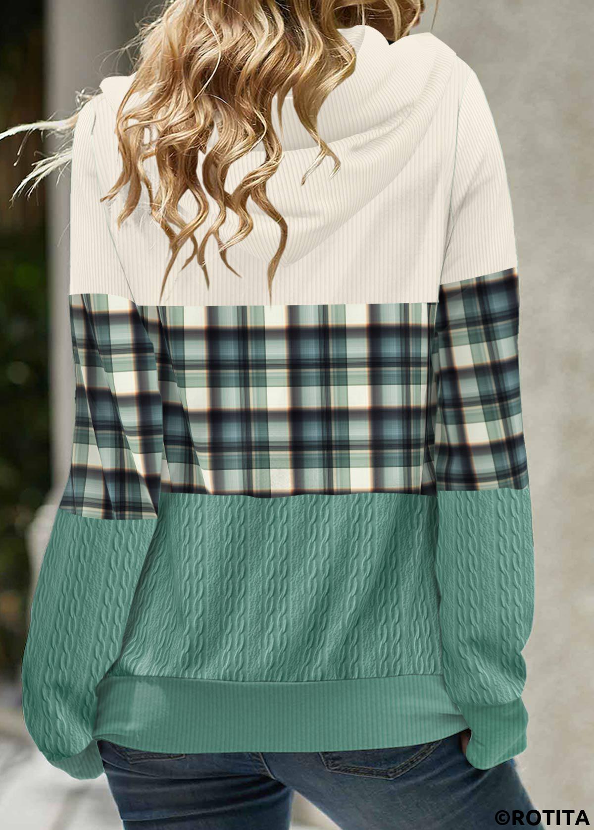 Green tops,Plaid tops,Striped tops,ROTITA Patchwork Plaid Green Long Sleeve Hoodie