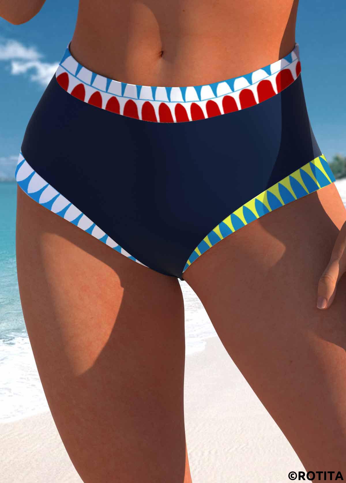 Navy swimwear,Tribal swimwear,Striped swimwear,Geometric swimwear,ROTITA Patchwork Navy Tribal Print Mid Waisted Bikini Set