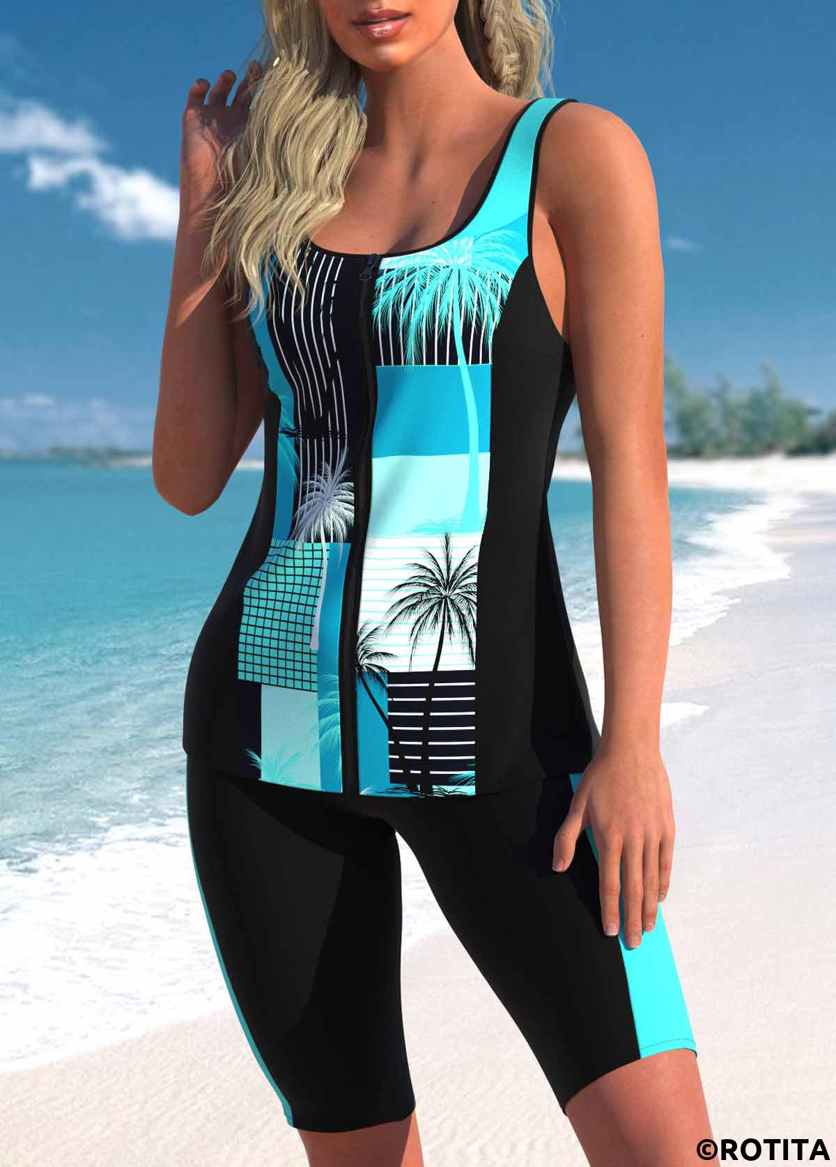 Cyan swimwear,Black swimwear,Plants swimwear,Striped swimwear,Geometric swimwear,ROTITA Zipper Cyan Plants Print Mid Waisted Tankini Set