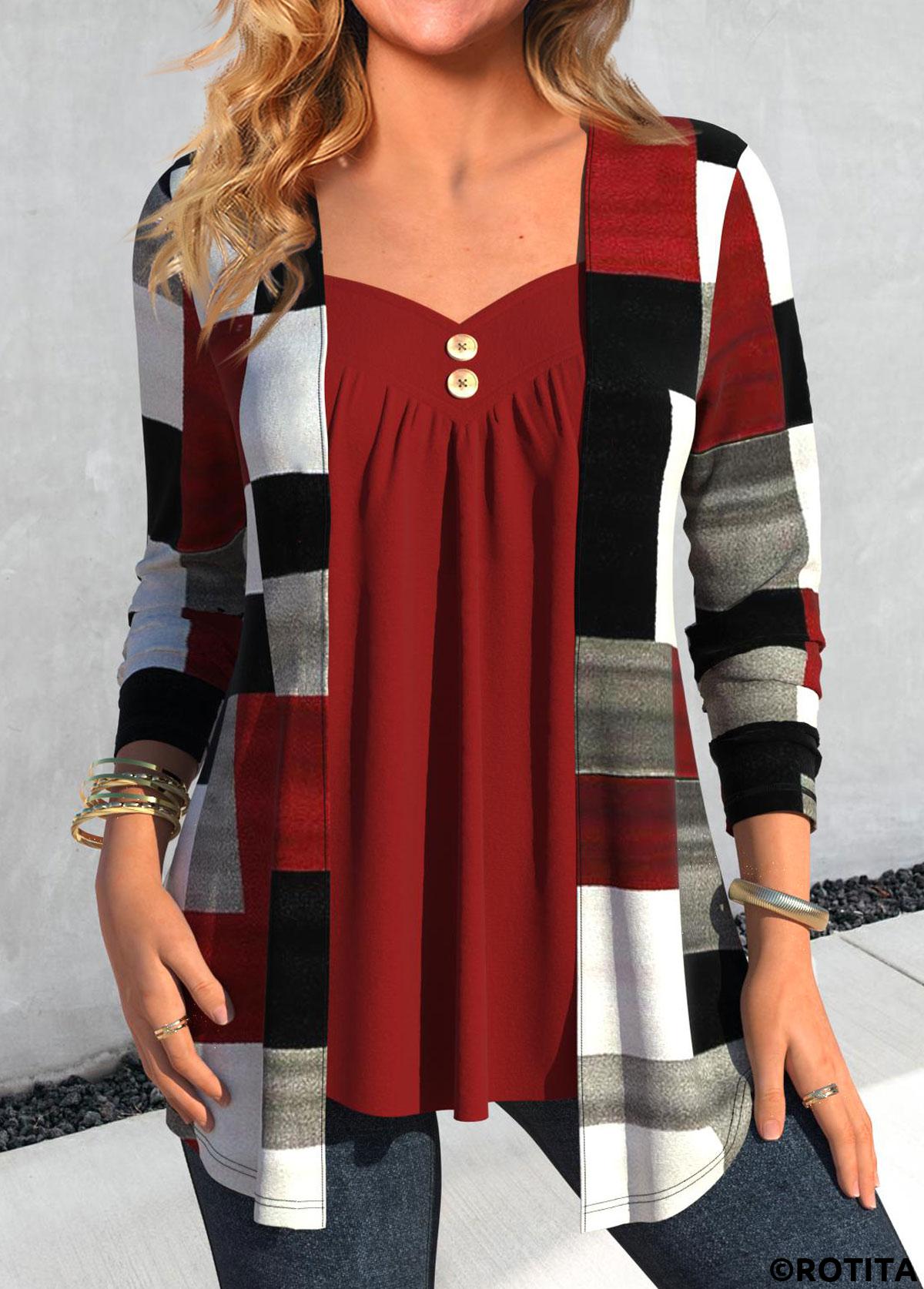 Wine Red tops,Dark Grey tops,Geometric tops,Plaid tops,Striped tops,ROTITA Geometric Print Wine Red Fake Two Piece Twinset