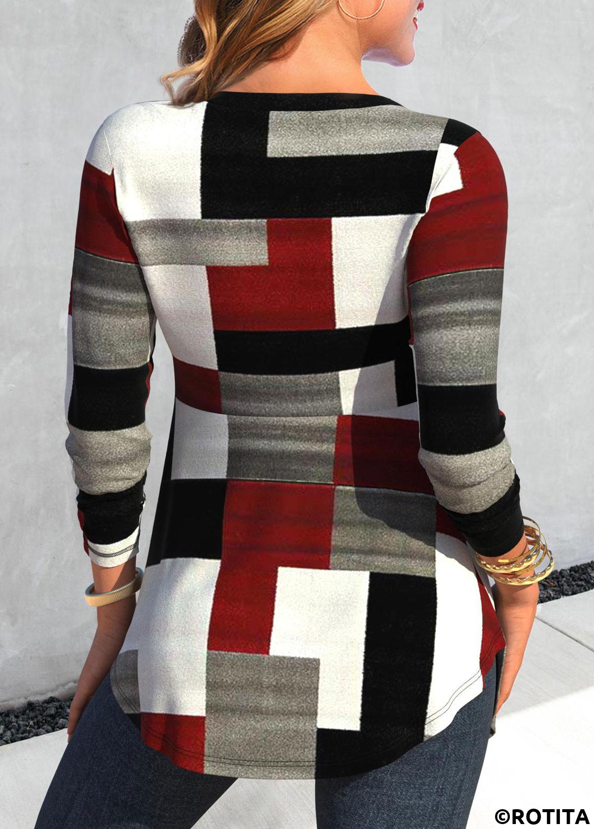 Wine Red tops,Dark Grey tops,Geometric tops,Plaid tops,Striped tops,ROTITA Geometric Print Wine Red Fake Two Piece Twinset