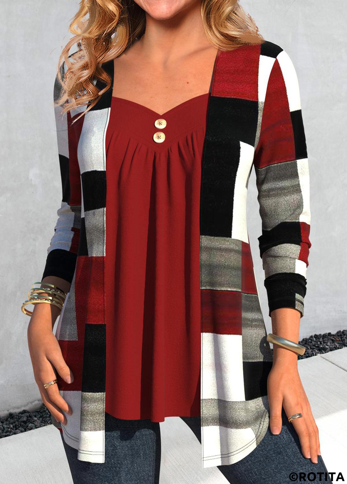 Wine Red tops,Dark Grey tops,Geometric tops,Plaid tops,Striped tops,ROTITA Geometric Print Wine Red Fake Two Piece Twinset