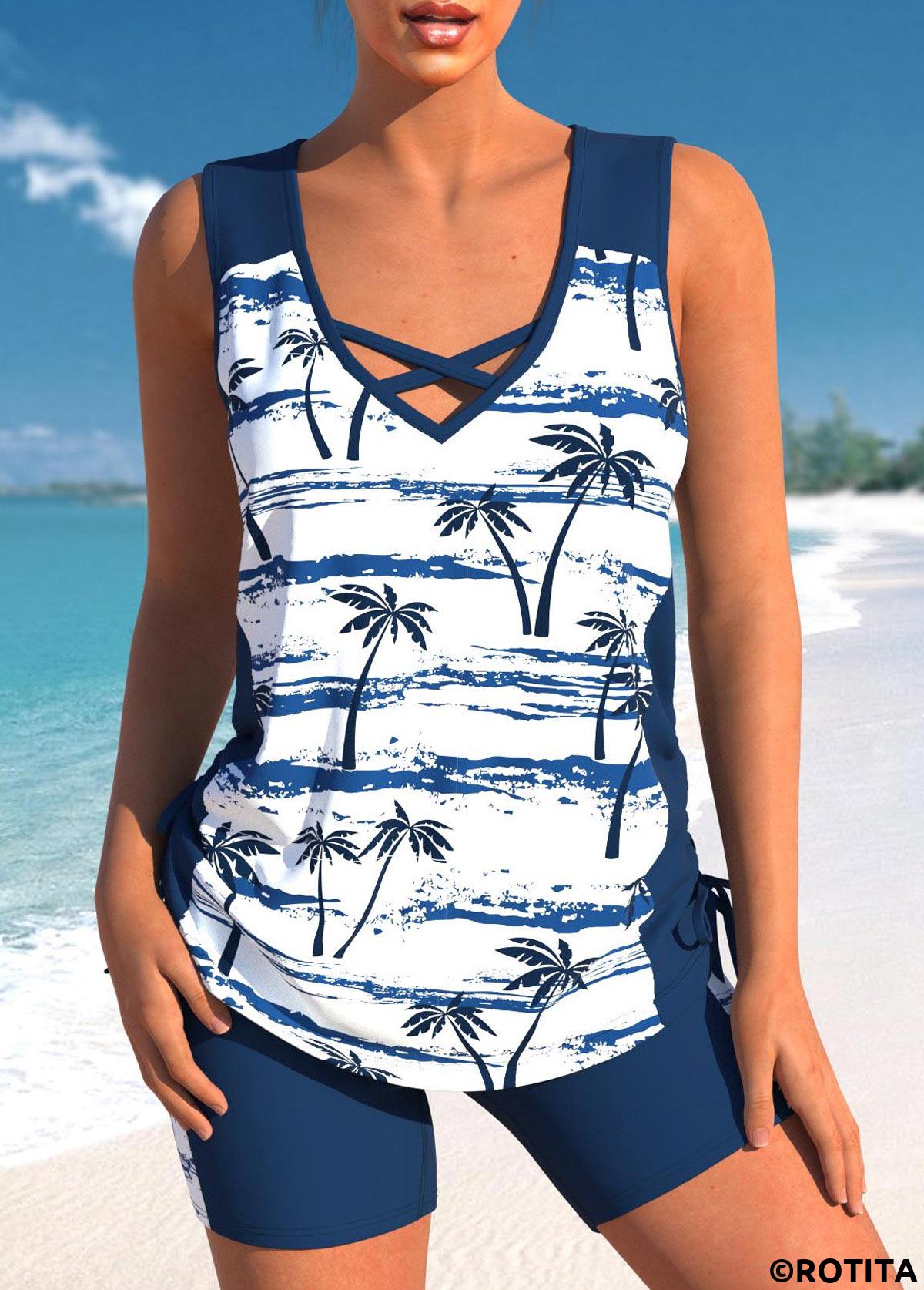 Navy swimwear,White swimwear,Plants swimwear,Striped swimwear,ROTITA Plus Size High Waisted Criss Cross Navy Tankini Set