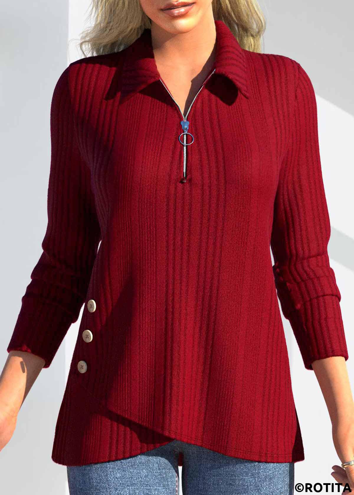 Red tops,Plain Color tops,ROTITA Zipper Red Polo Collar Long Sleeve T Shirt