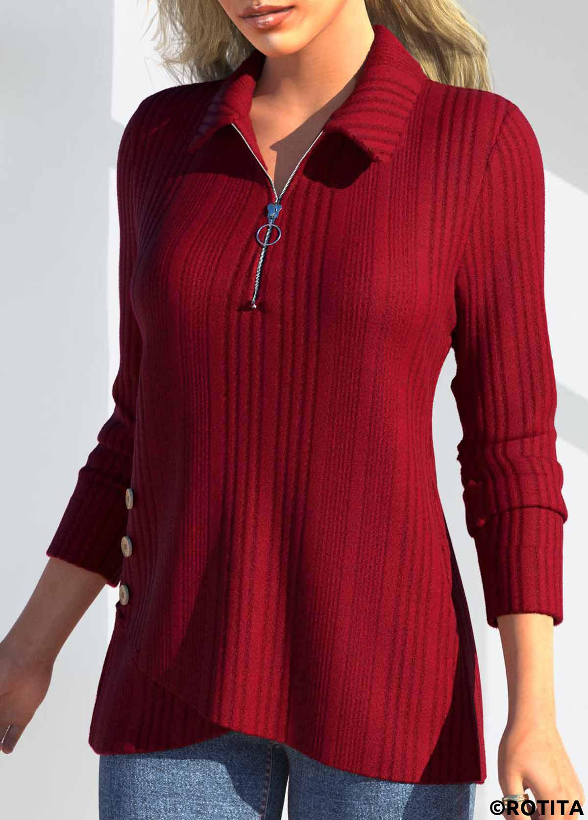 Red tops,Plain Color tops,ROTITA Zipper Red Polo Collar Long Sleeve T Shirt