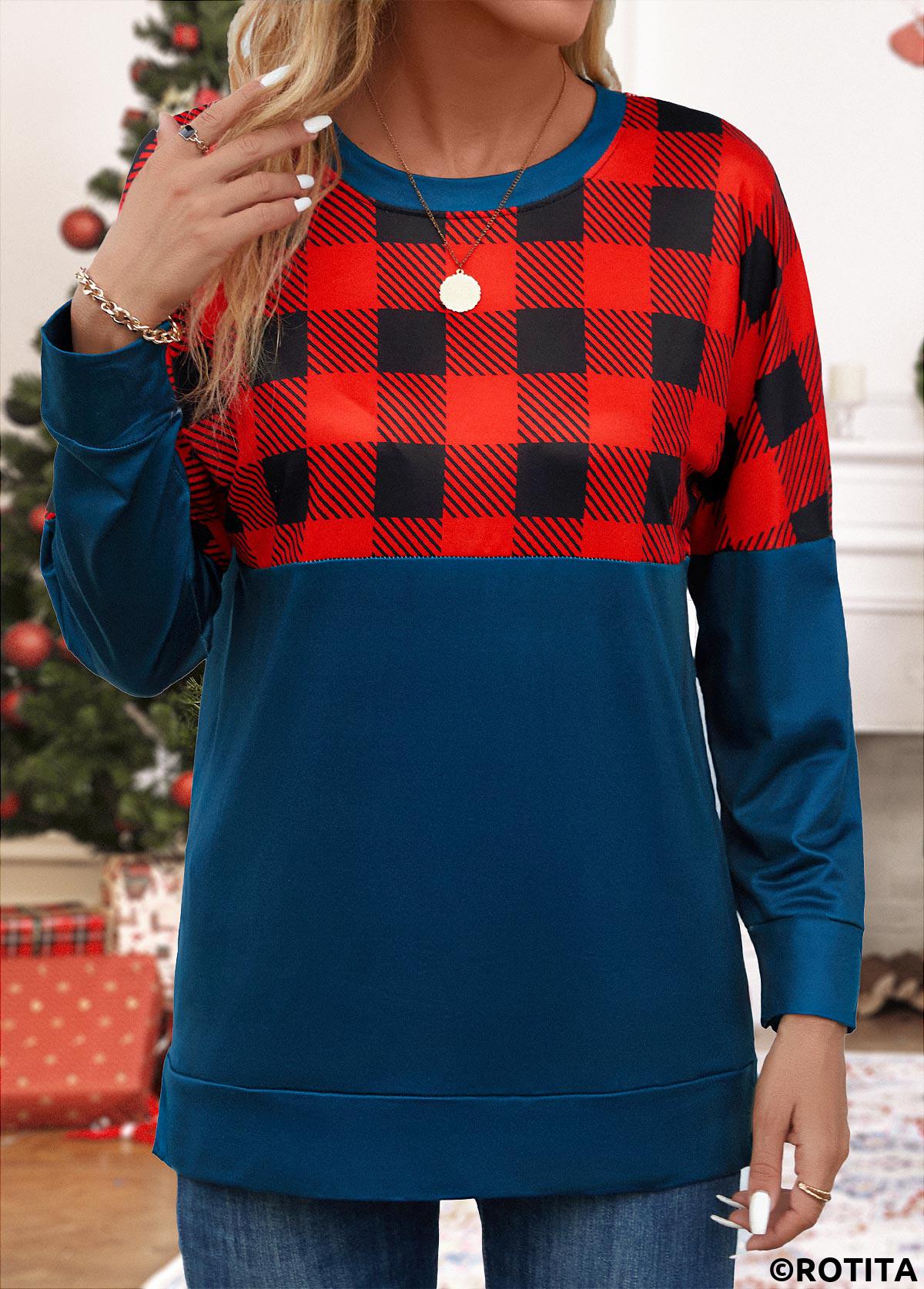 Navy tops,Red tops,Plaid tops,Striped tops,Geometric tops,Patchwork Plaid Navy Round Neck Long Sleeve Sweatshirt
