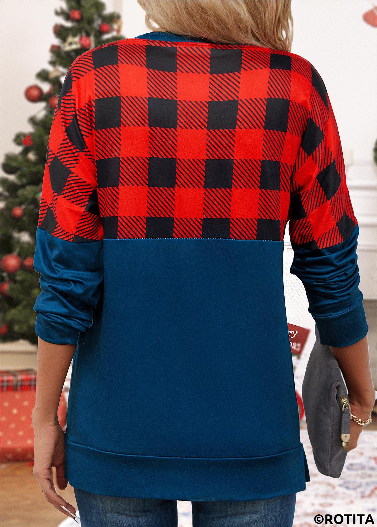 Navy tops,Red tops,Plaid tops,Striped tops,Geometric tops,Patchwork Plaid Navy Round Neck Long Sleeve Sweatshirt