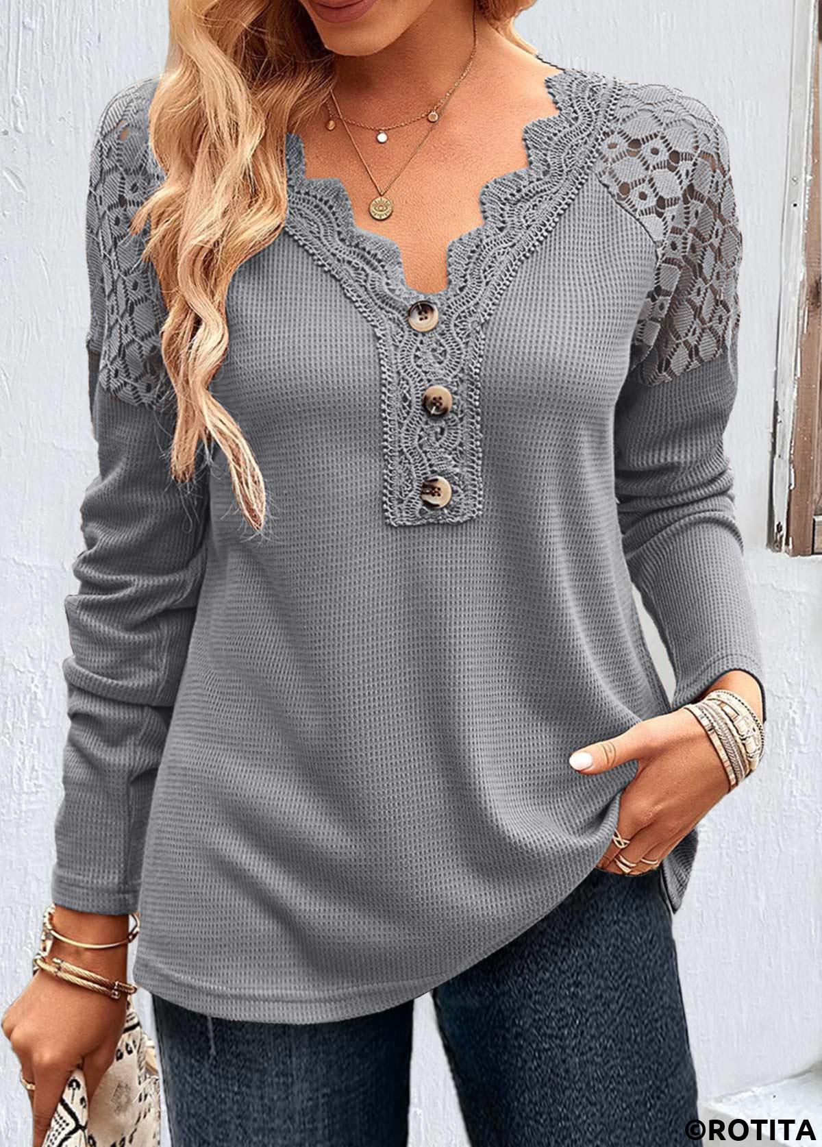 Grey tops,Plain Color tops,ROTITA Patchwork Grey V Neck Long Sleeve T Shirt