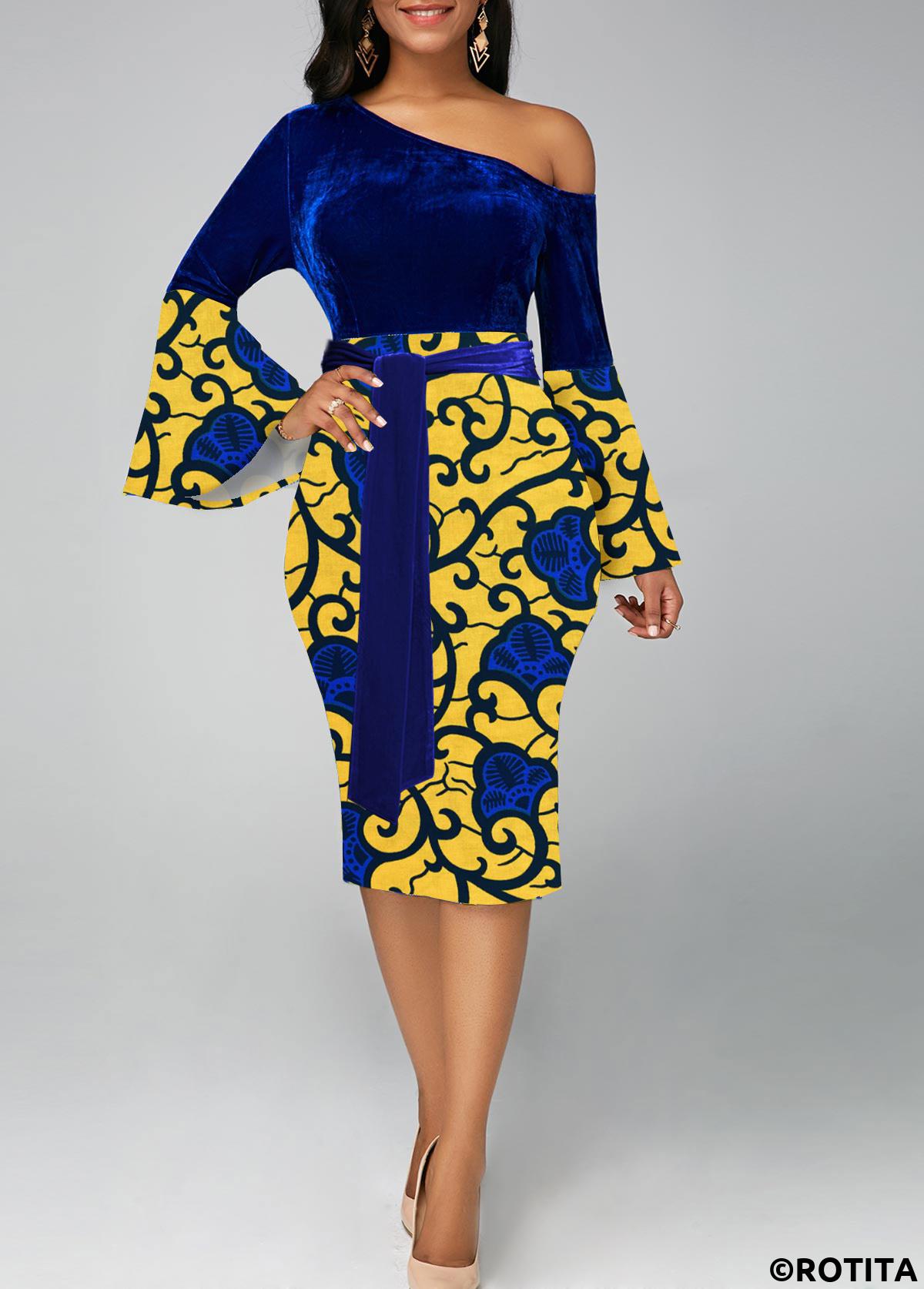 Dark Blue dresses,Yellow dresses,Tribal dresses,Party dresses,Elegant dresses,ROTITA Asymmetry Tribal Print Dark Blue Belted Bodycon Dress