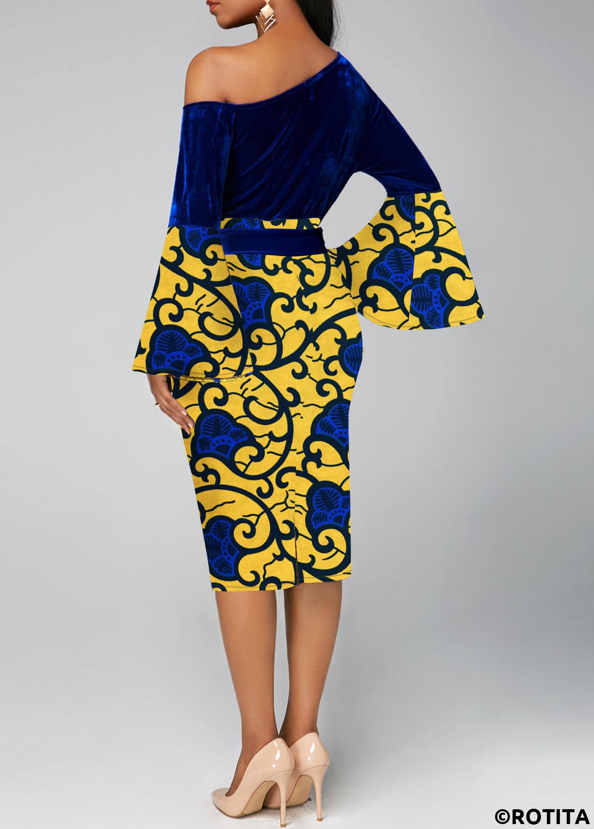 Dark Blue dresses,Yellow dresses,Tribal dresses,Party dresses,Elegant dresses,ROTITA Asymmetry Tribal Print Dark Blue Belted Bodycon Dress