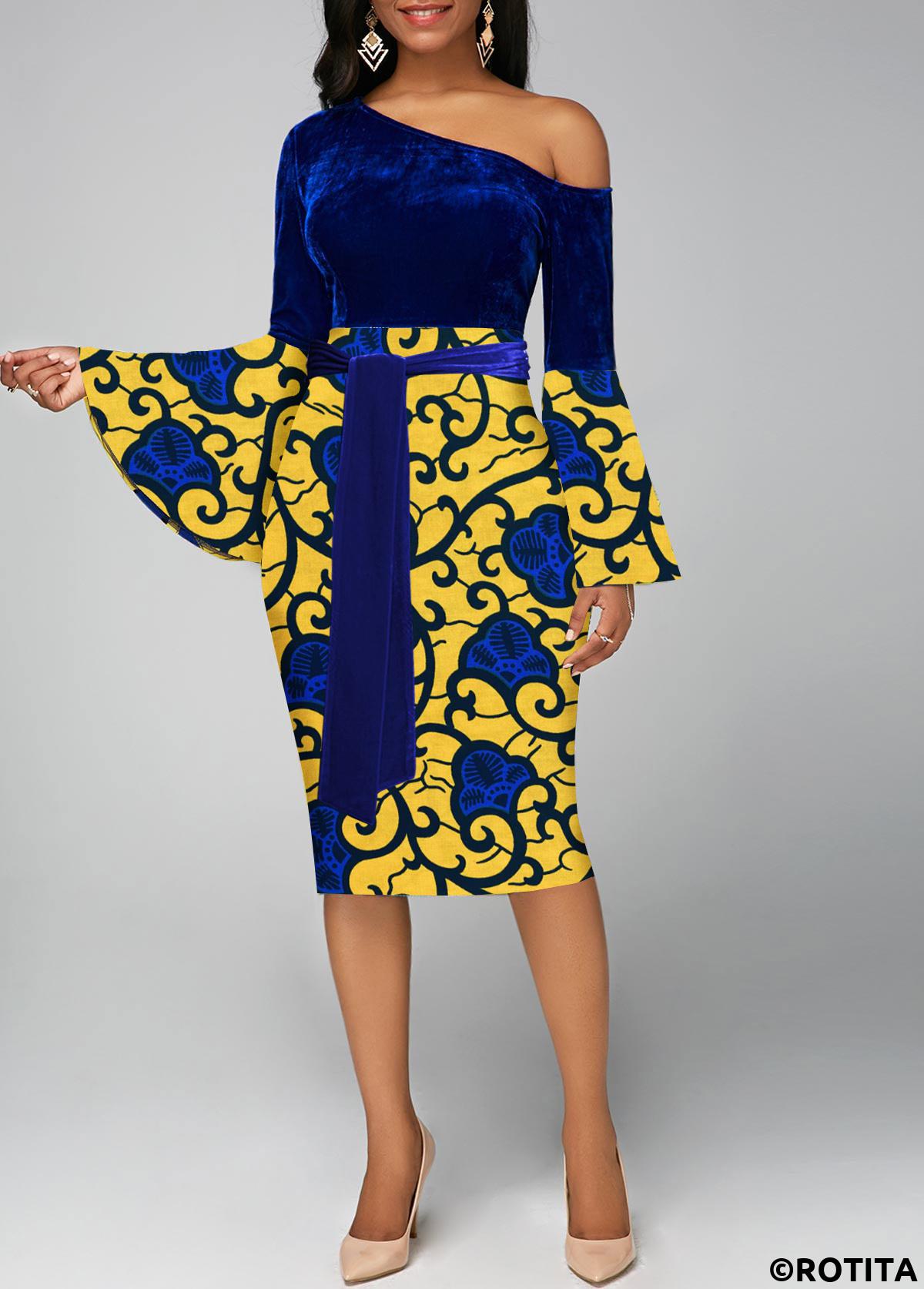 Dark Blue dresses,Yellow dresses,Tribal dresses,Party dresses,Elegant dresses,ROTITA Asymmetry Tribal Print Dark Blue Belted Bodycon Dress