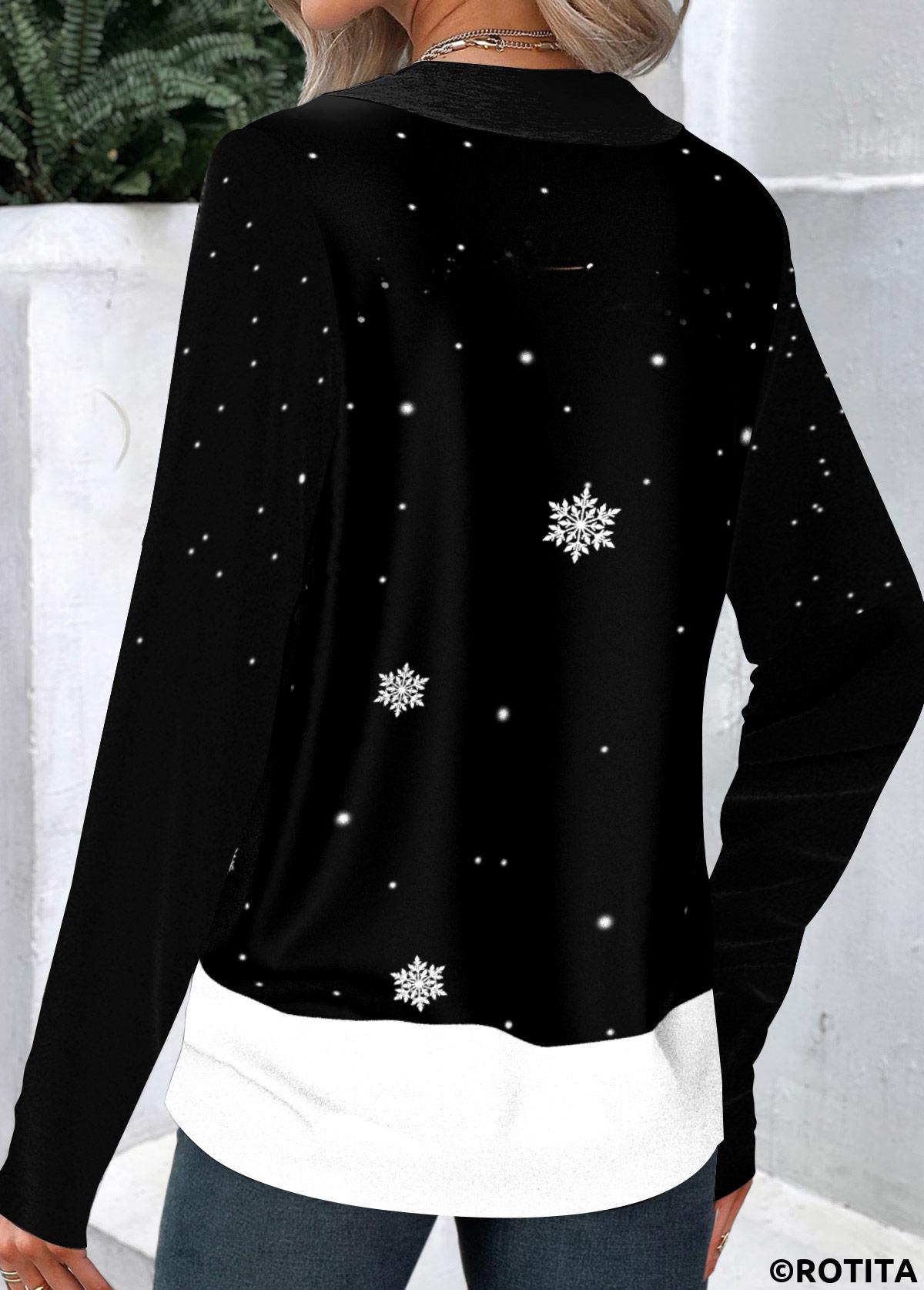 Black tops,Christmas tops,Plaid tops,Animal Print tops,ROTITA Patchwork Christmas Print Black Asymmetrical Neck Long Sleeve Sweatshirt