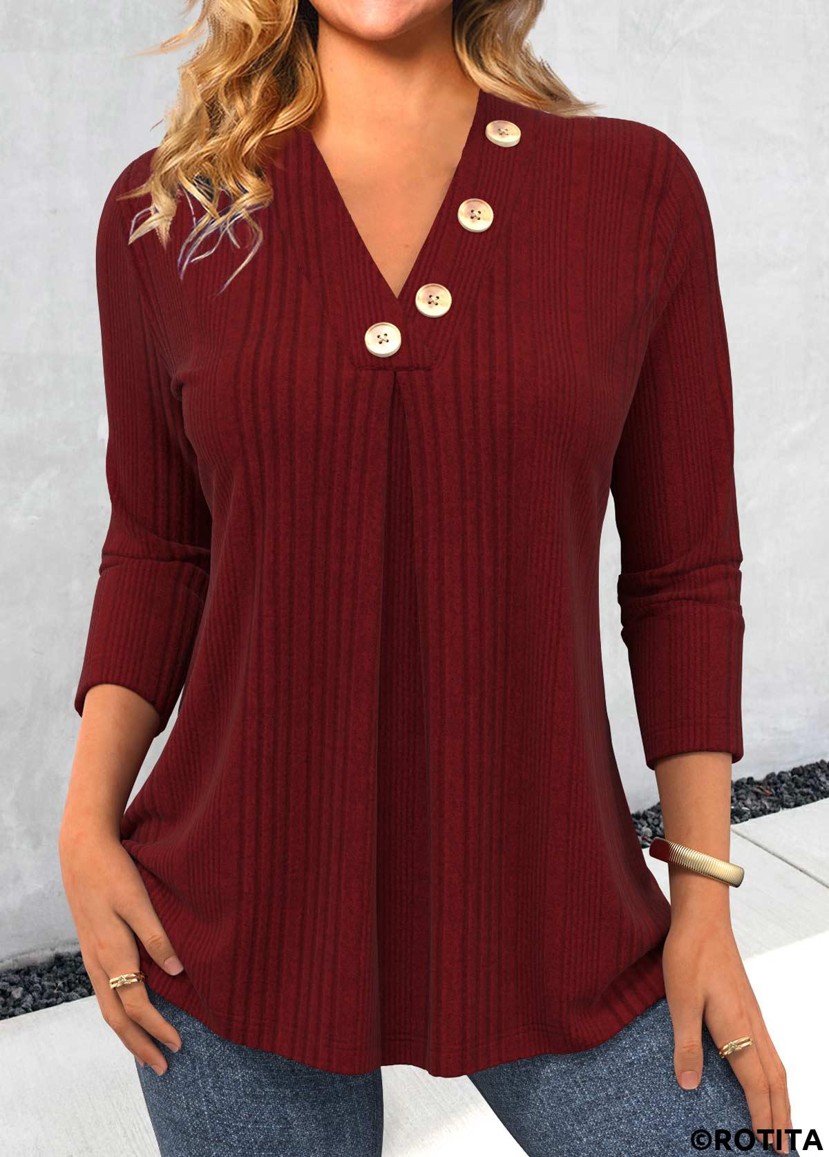 Wine Red tops,Plain Color tops,ROTITA Button Wine Red V Neck Long Sleeve T Shirt