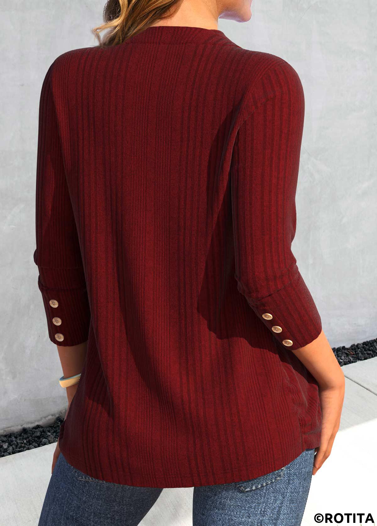 Wine Red tops,Plain Color tops,ROTITA Button Wine Red V Neck Long Sleeve T Shirt