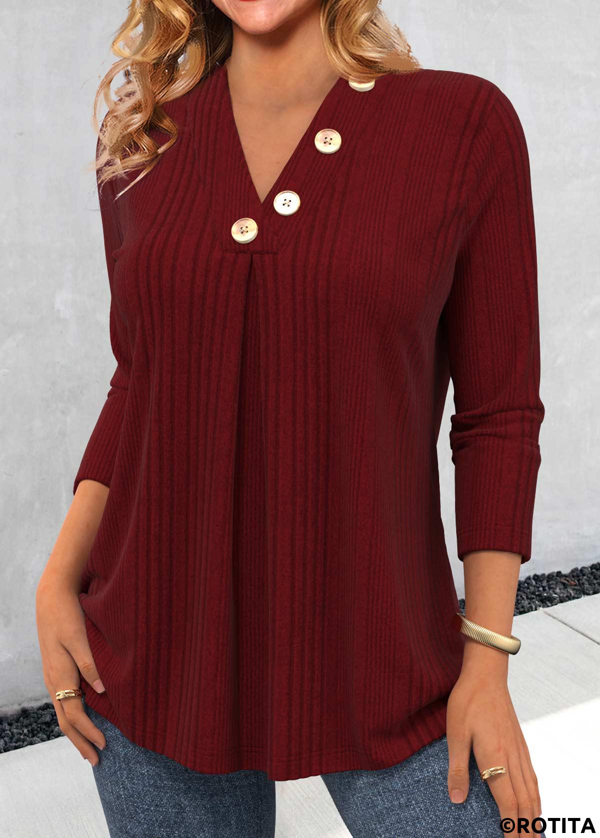 Wine Red tops,Plain Color tops,ROTITA Button Wine Red V Neck Long Sleeve T Shirt