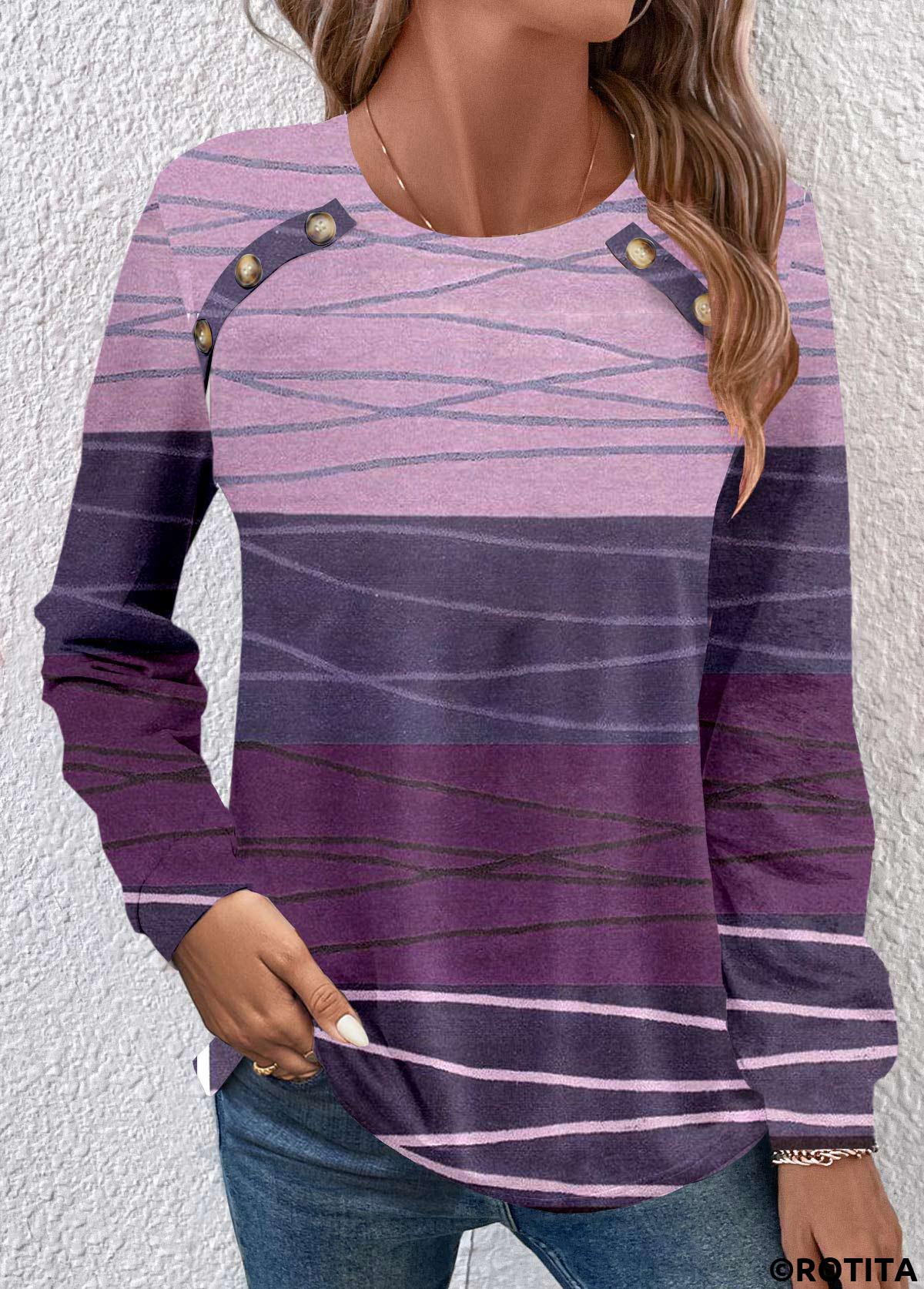 Dark Reddish Purple plus size,Contrast Color plus size,Striped plus size,Geometric plus size,ROTITA Plus Size Patchwork Dark Reddish Purple T Shirt