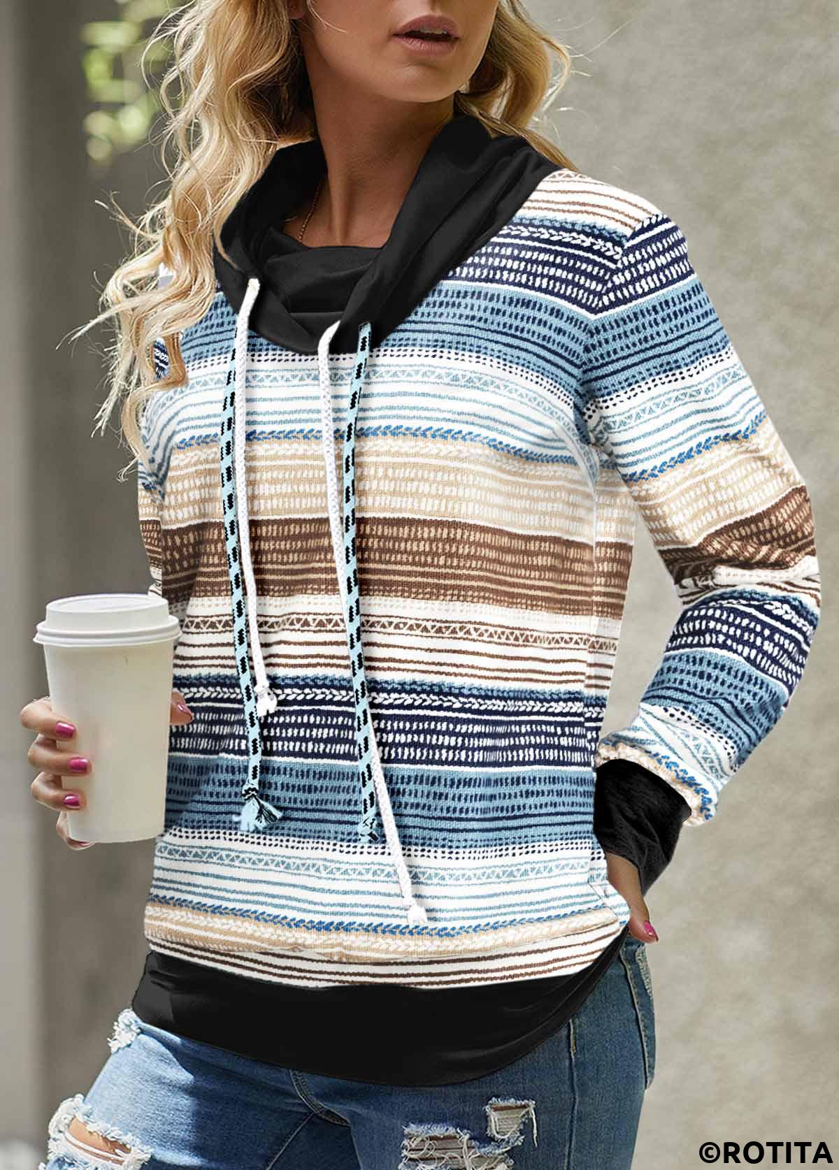 Blue tops,Multi Color tops,Geometric tops,Striped tops,ROTITA Geometric Print Blue Cowl Neck Long Sleeve Sweatshirt