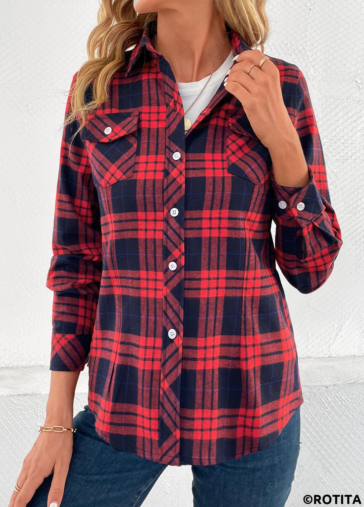 Button Plaid Red Shirt Collar Long Sleeve Blouse