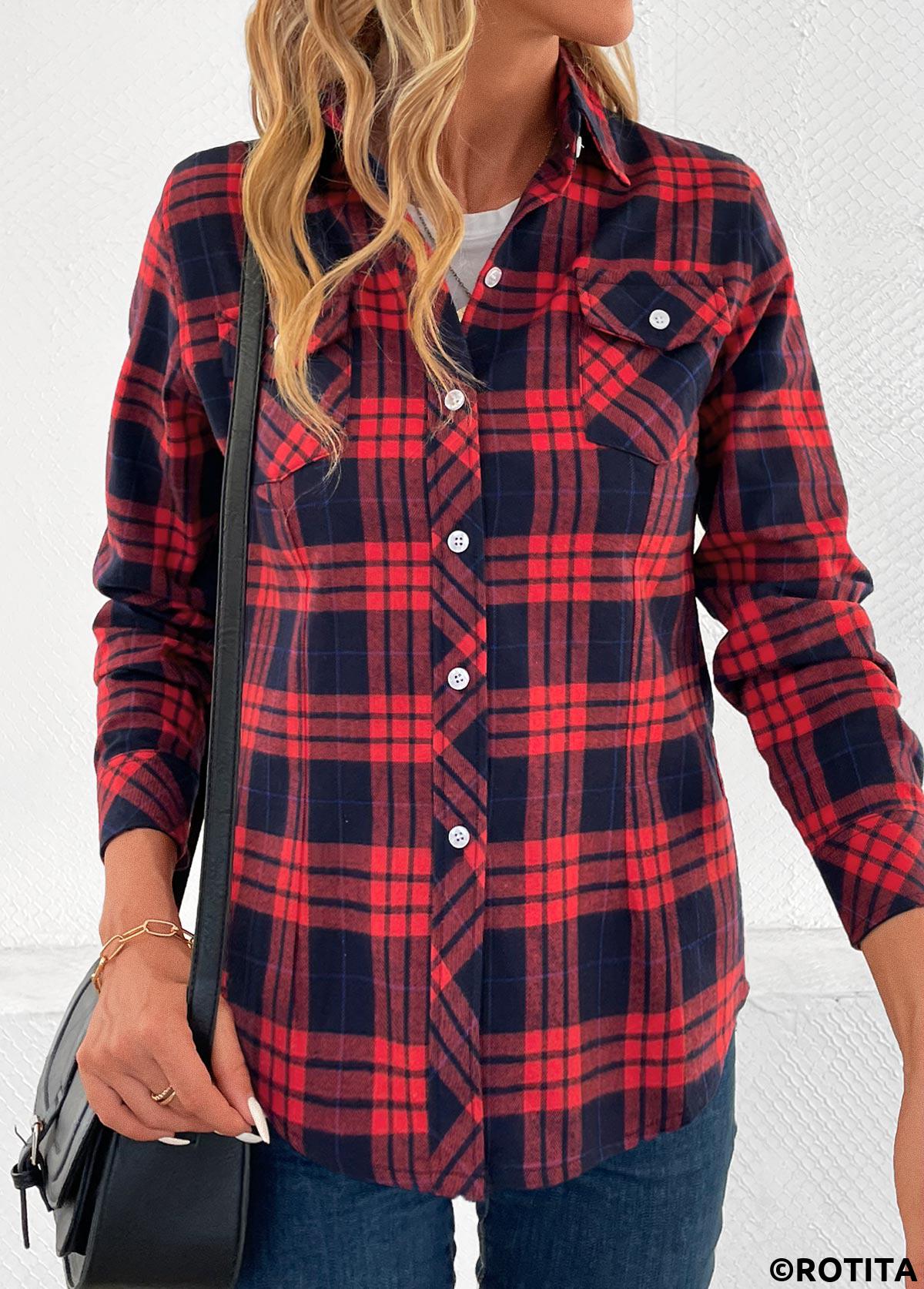 Button Plaid Red Shirt Collar Long Sleeve Blouse