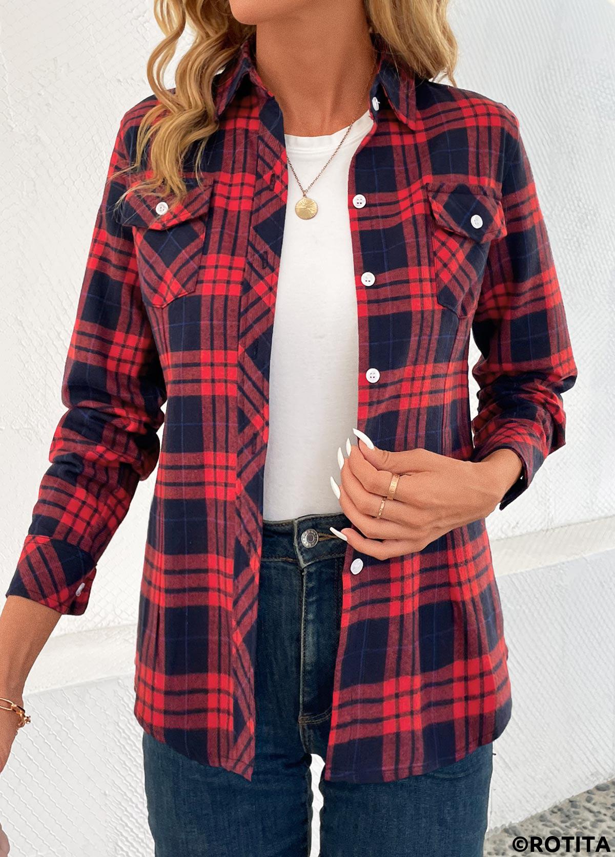 Button Plaid Red Shirt Collar Long Sleeve Blouse