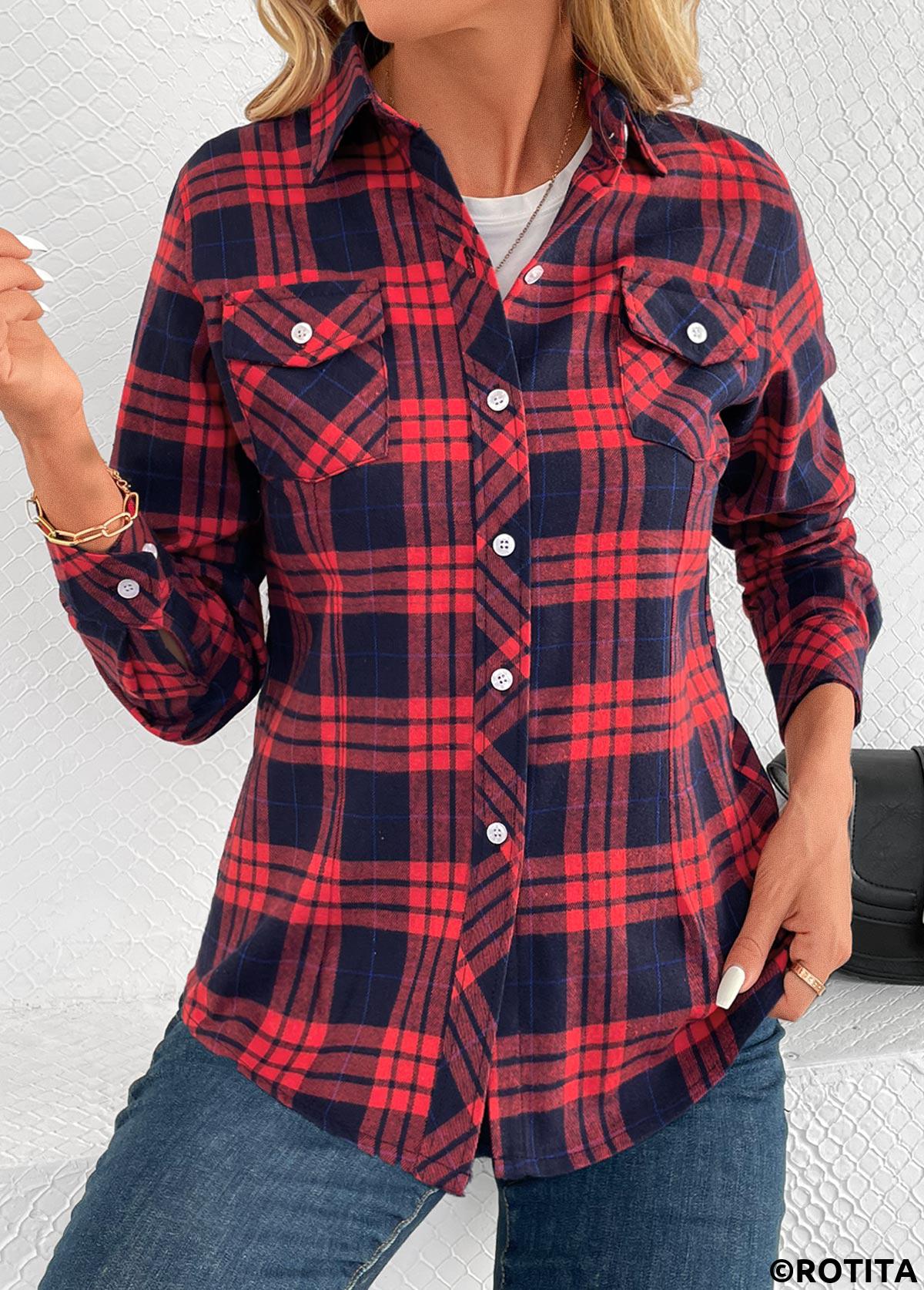 Button Plaid Red Shirt Collar Long Sleeve Blouse