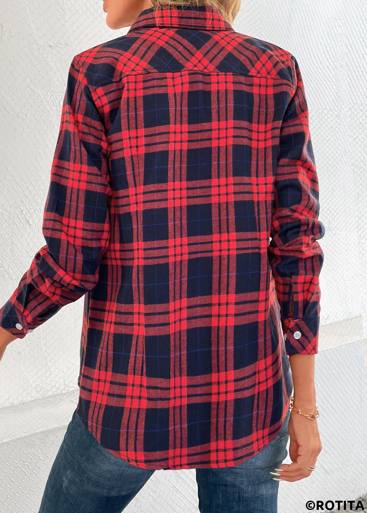 Red tops,Plaid tops,Striped tops,Geometric tops,Button Plaid Red Shirt Collar Long Sleeve Blouse