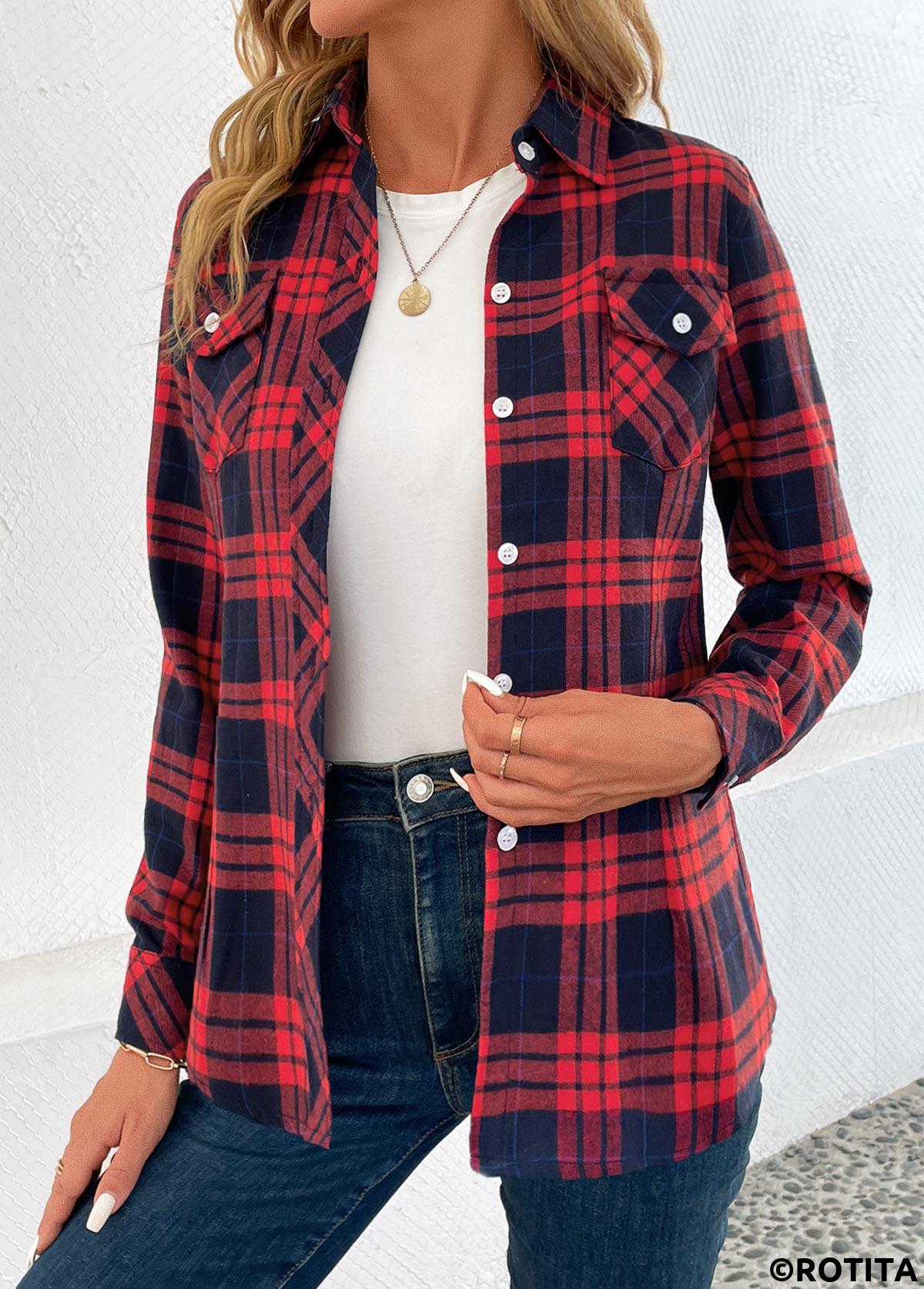 Red tops,Plaid tops,Striped tops,Geometric tops,Button Plaid Red Shirt Collar Long Sleeve Blouse