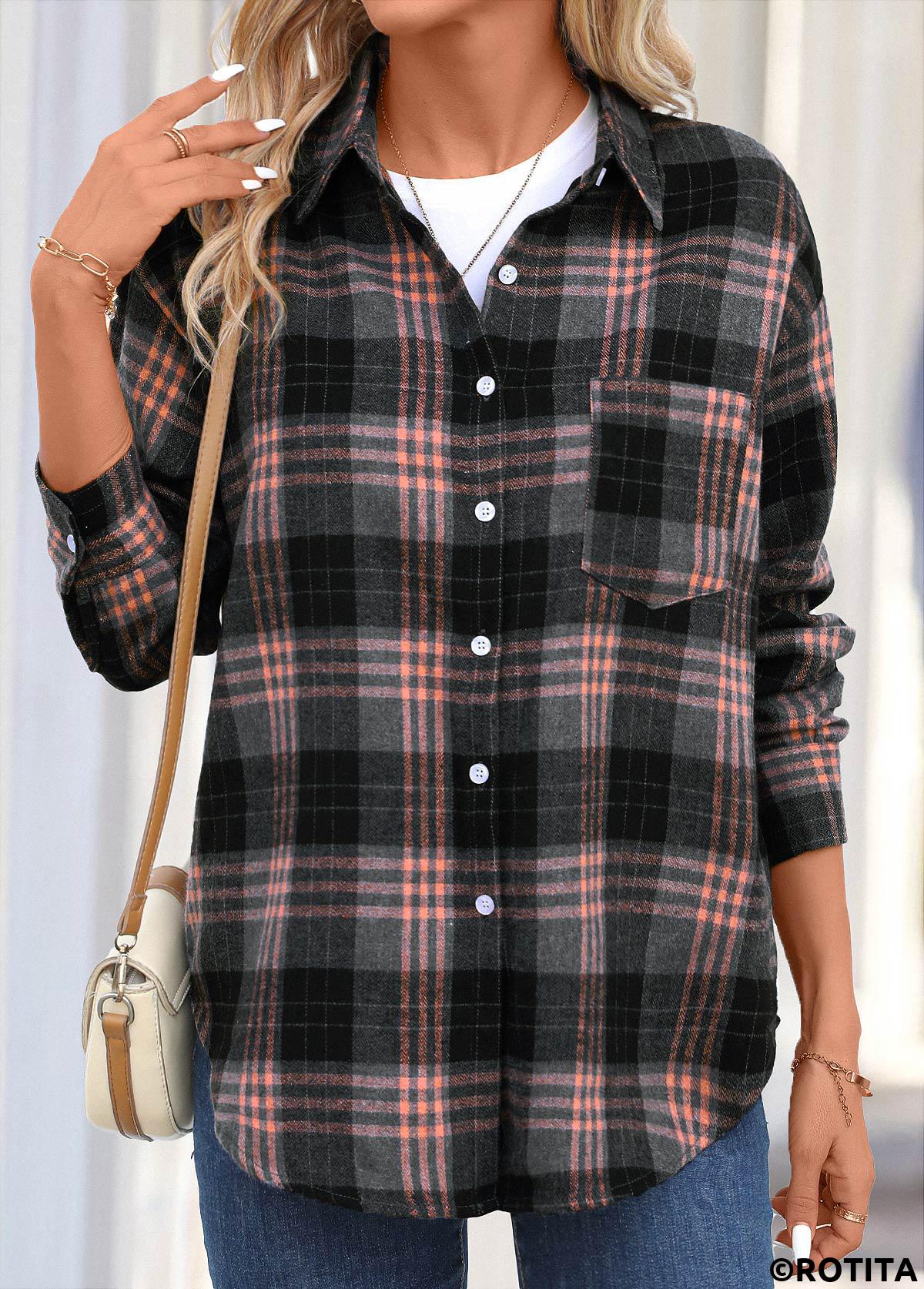 Dusty Pink tops,Black tops,Plaid tops,Striped tops,Geometric tops,Button Plaid Dusty Pink Shirt Collar Long Sleeve Blouse
