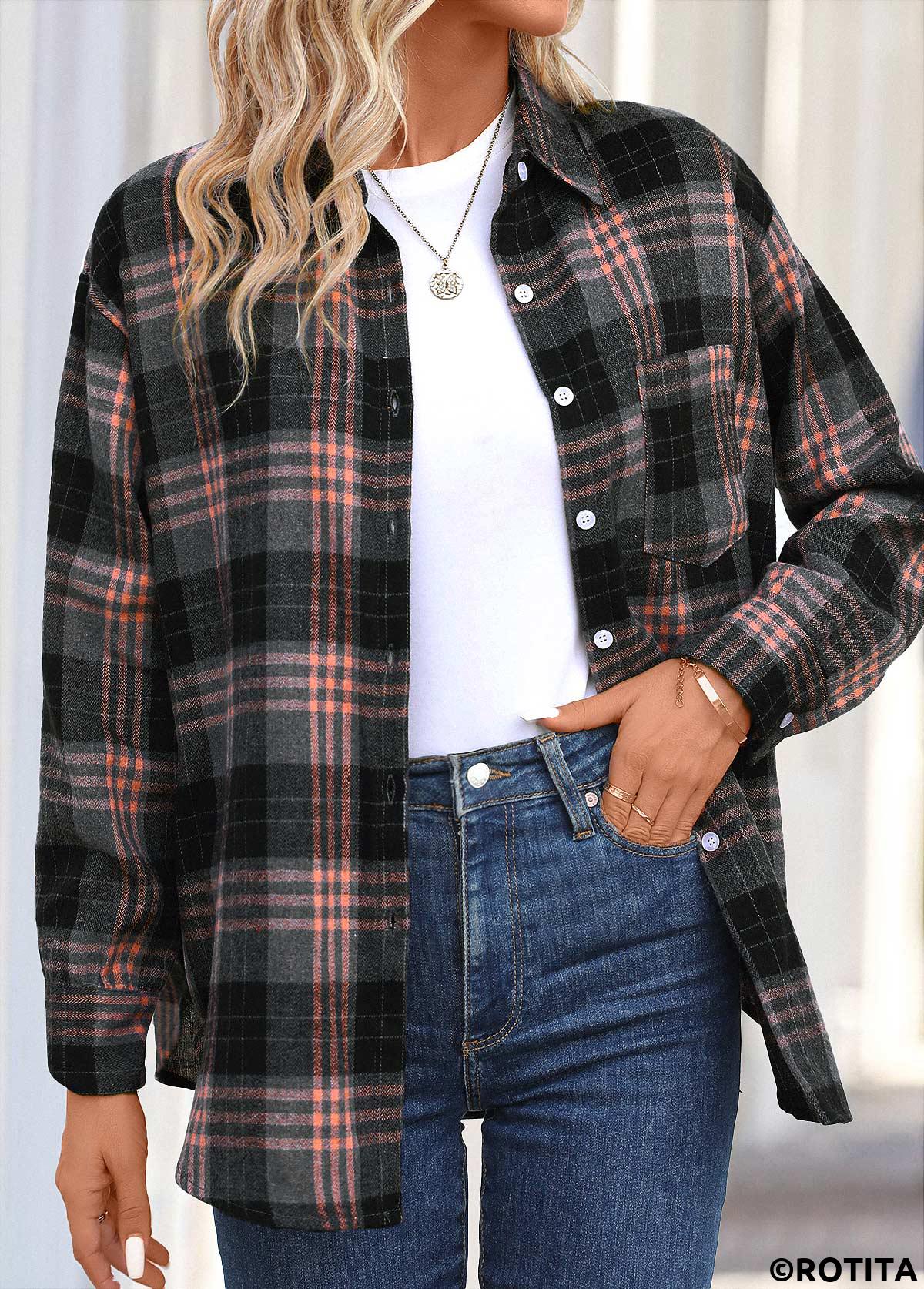 Dusty Pink tops,Black tops,Plaid tops,Striped tops,Geometric tops,Button Plaid Dusty Pink Shirt Collar Long Sleeve Blouse